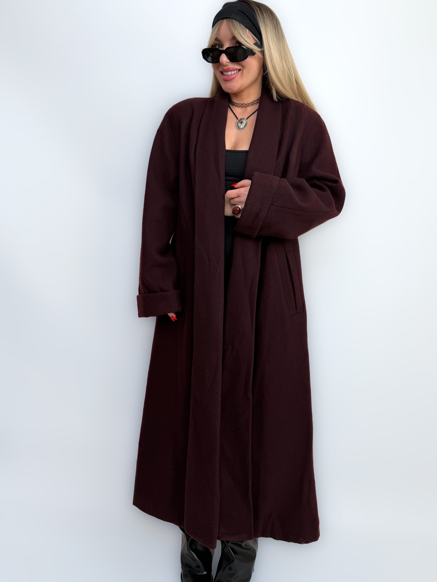 Vintage Long Wool Coat in Purple Plum Burgundy Size M