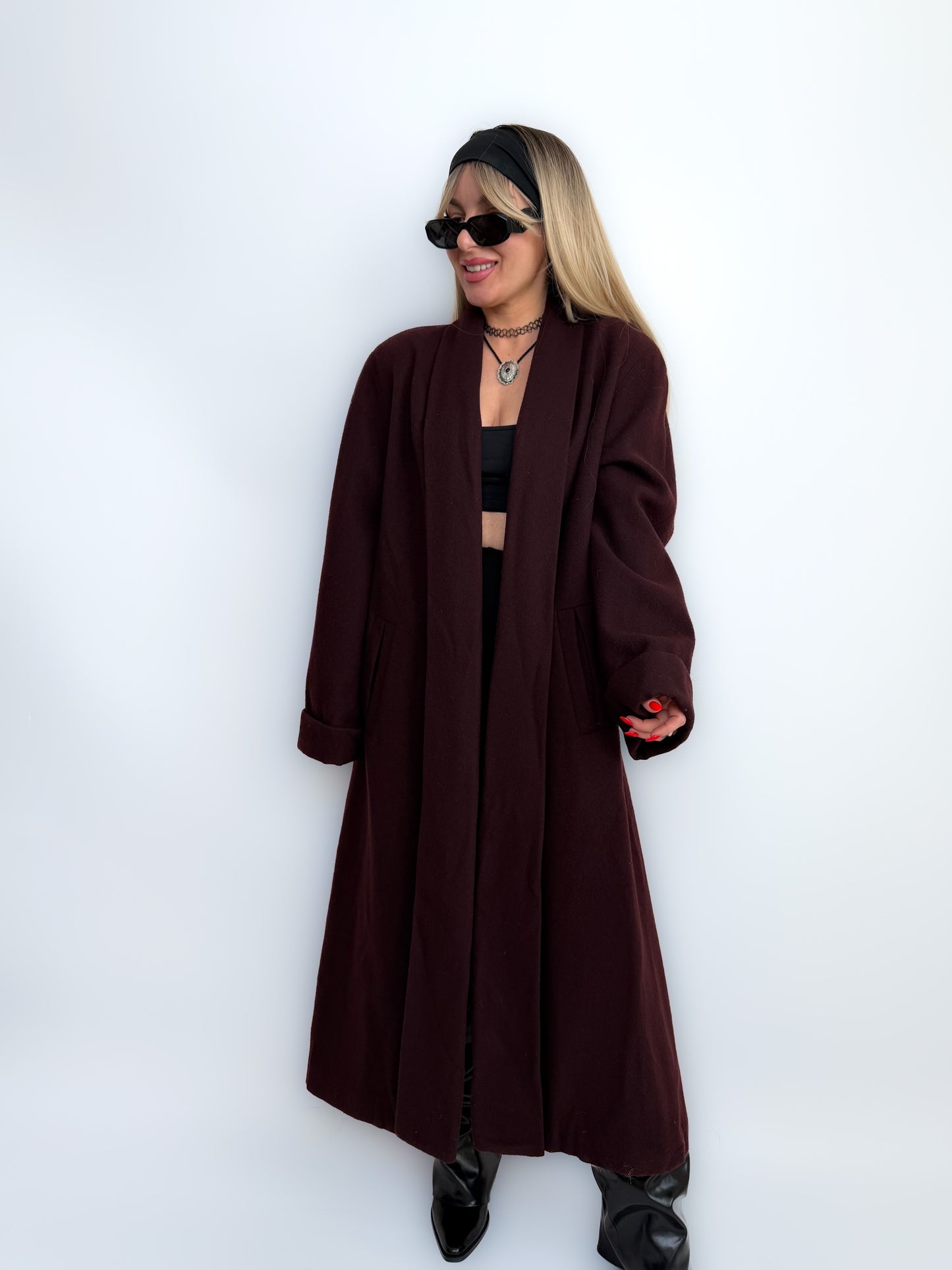 Vintage Long Wool Coat in Purple Plum Burgundy Size M