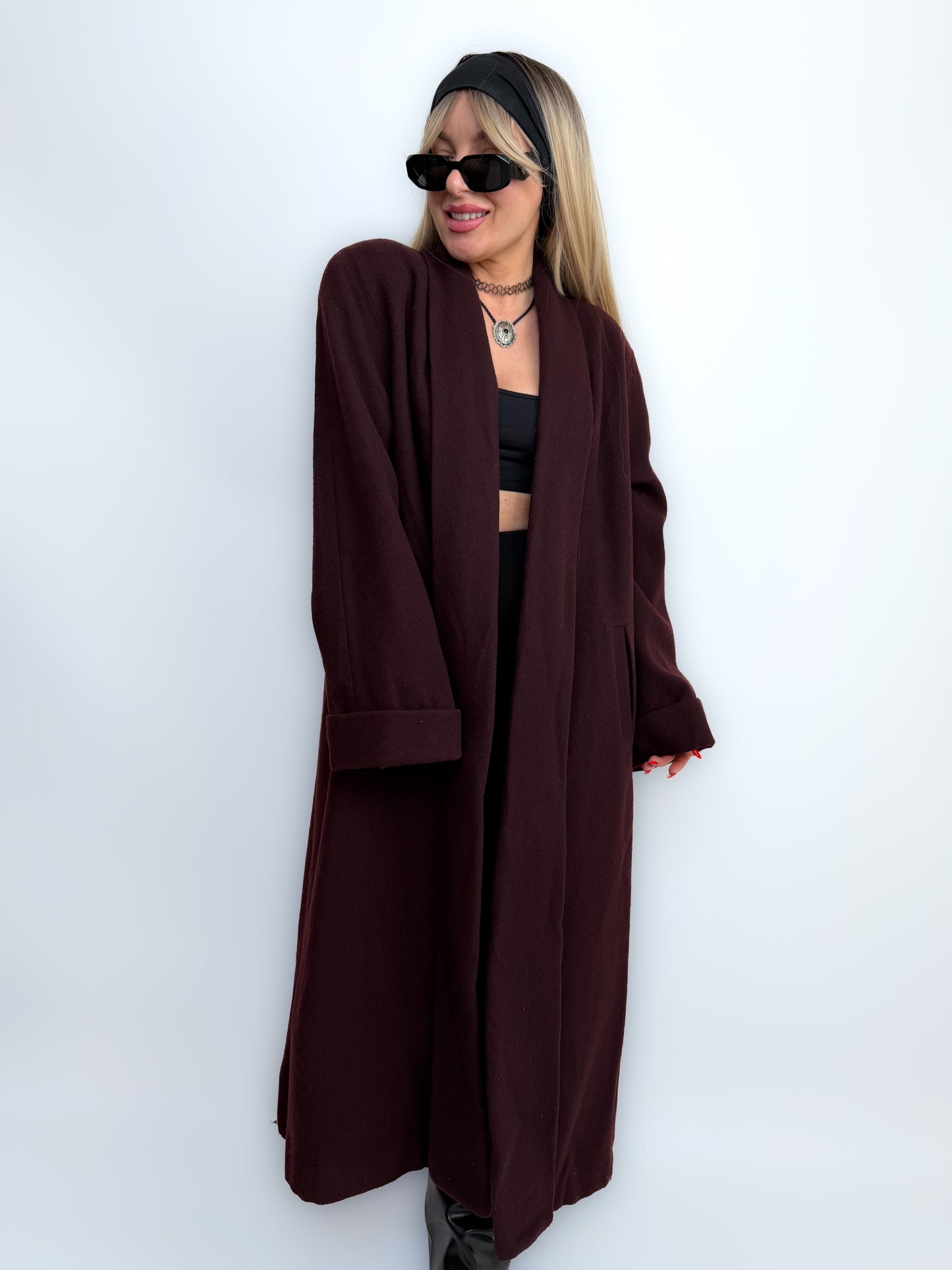 Vintage Long Wool Coat in Purple Plum Burgundy Size M