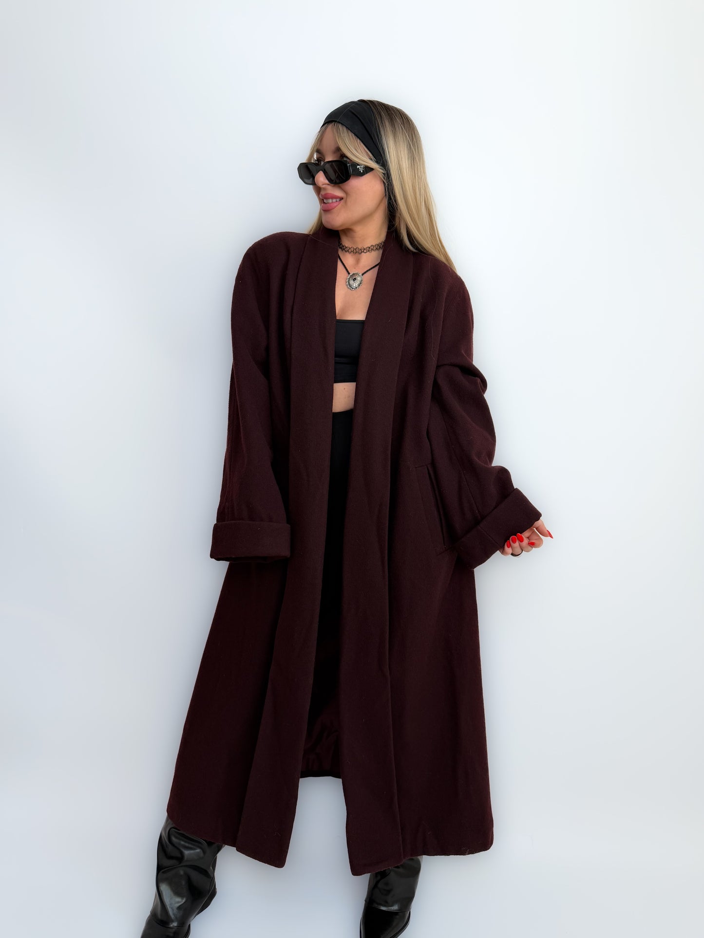 Vintage Long Wool Coat in Purple Plum Burgundy Size M