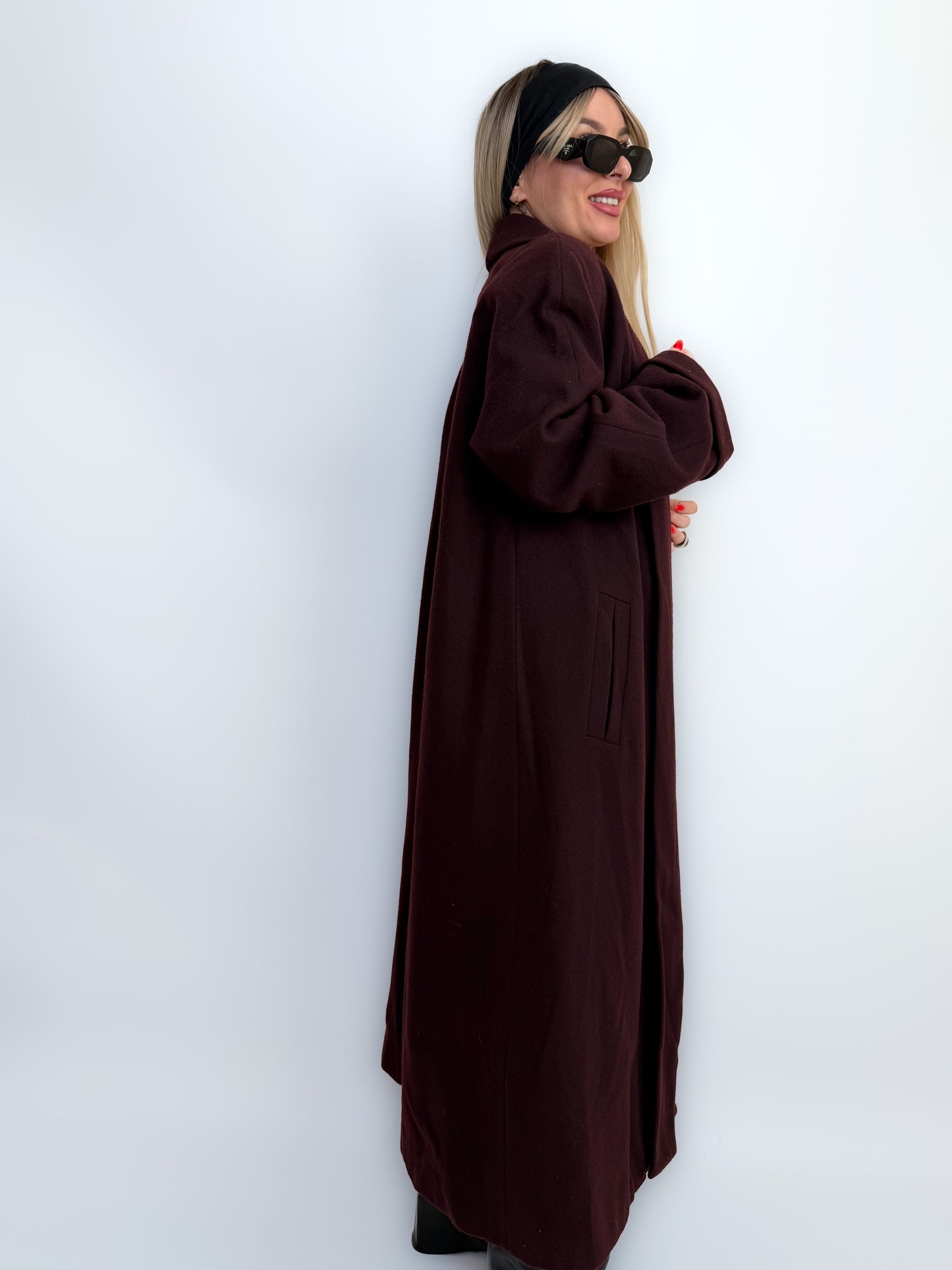 Vintage Long Wool Coat in Purple Plum Burgundy Size M
