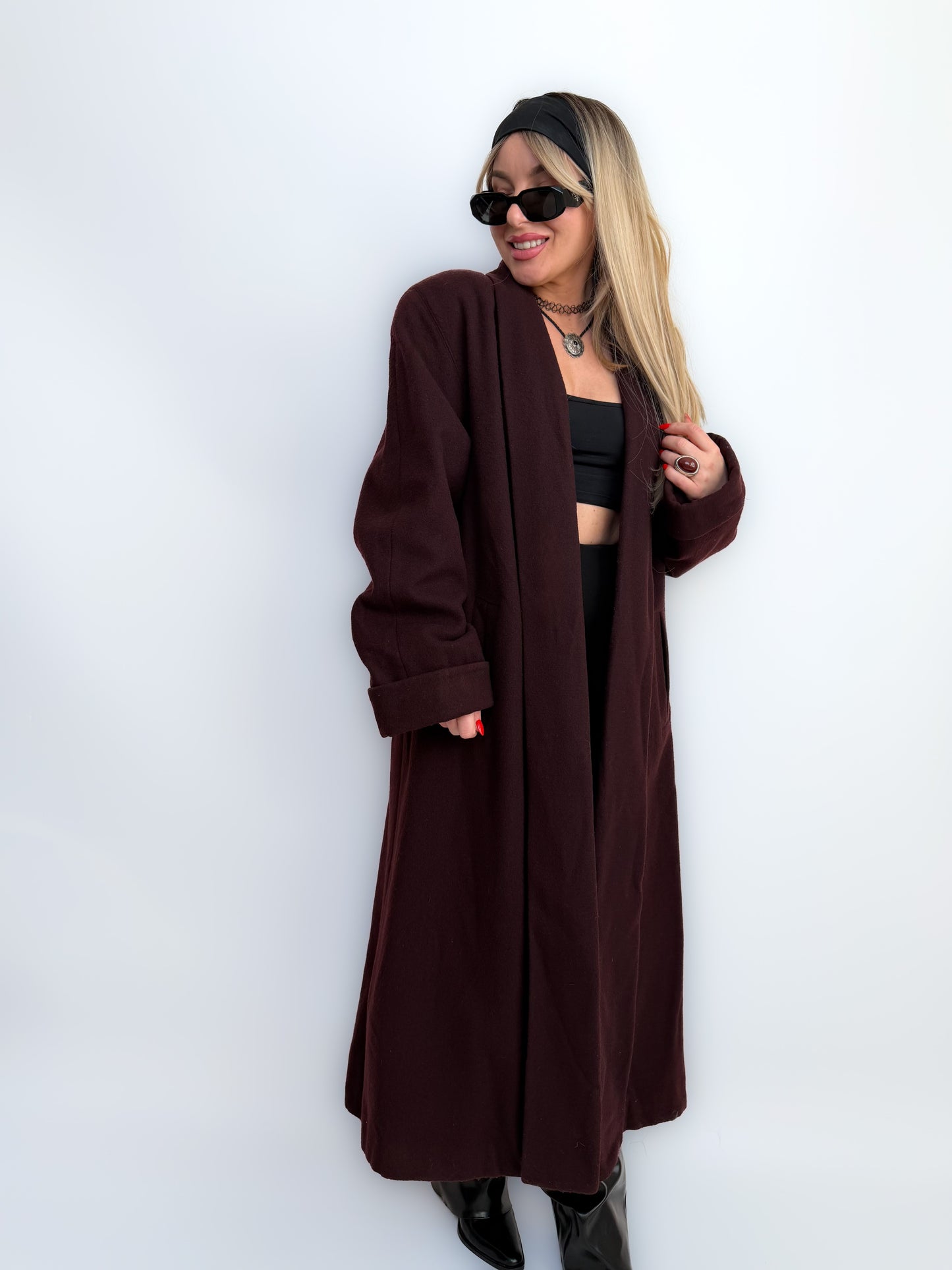 Vintage Long Wool Coat in Purple Plum Burgundy Size M