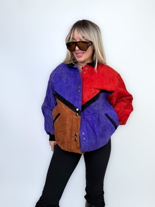 Vintage Natural Suede Red Brown Purple Patchwork Style Bomber Jacket L