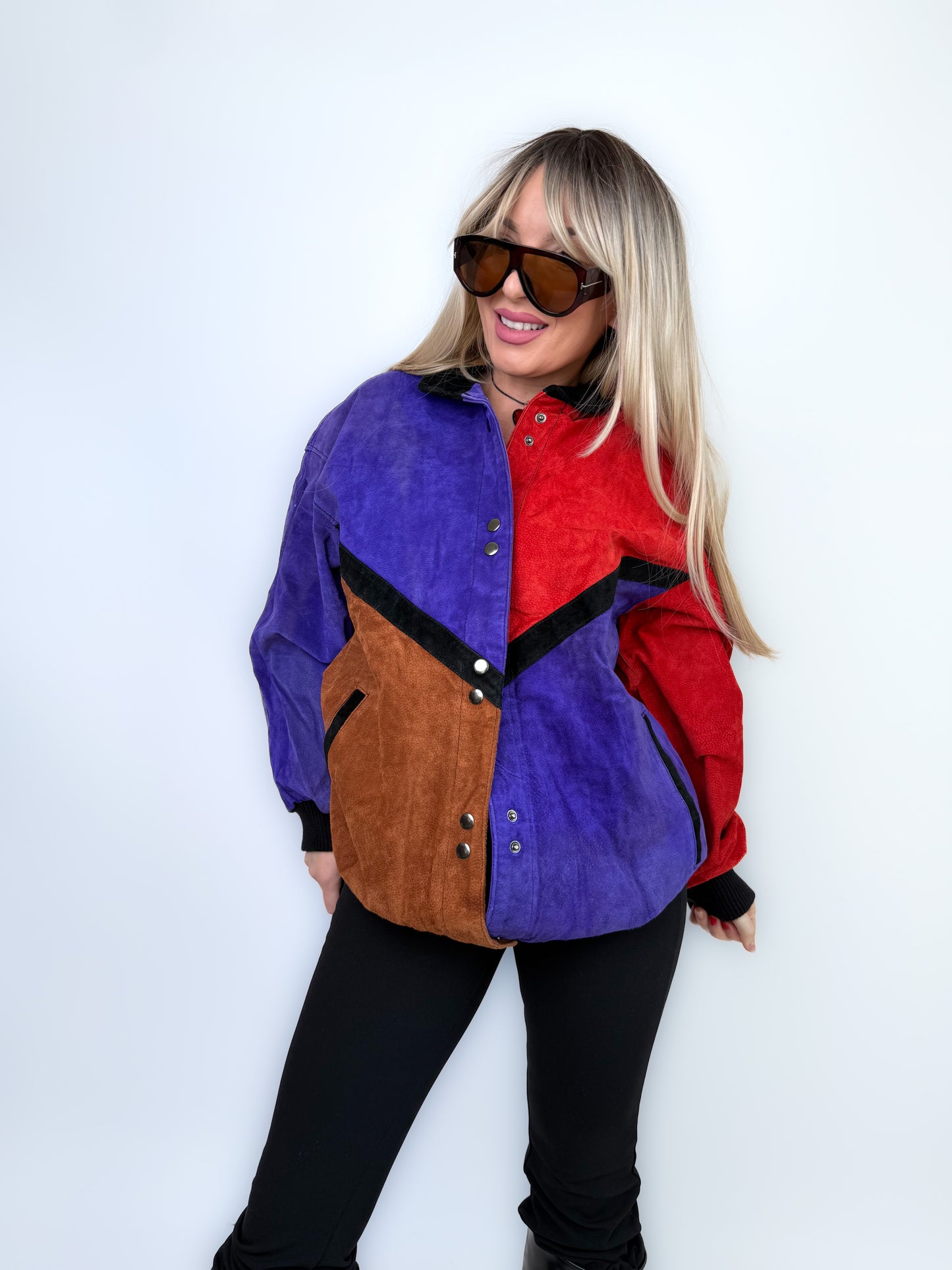 Vintage Natural Suede Red Brown Purple Patchwork Style Bomber Jacket L