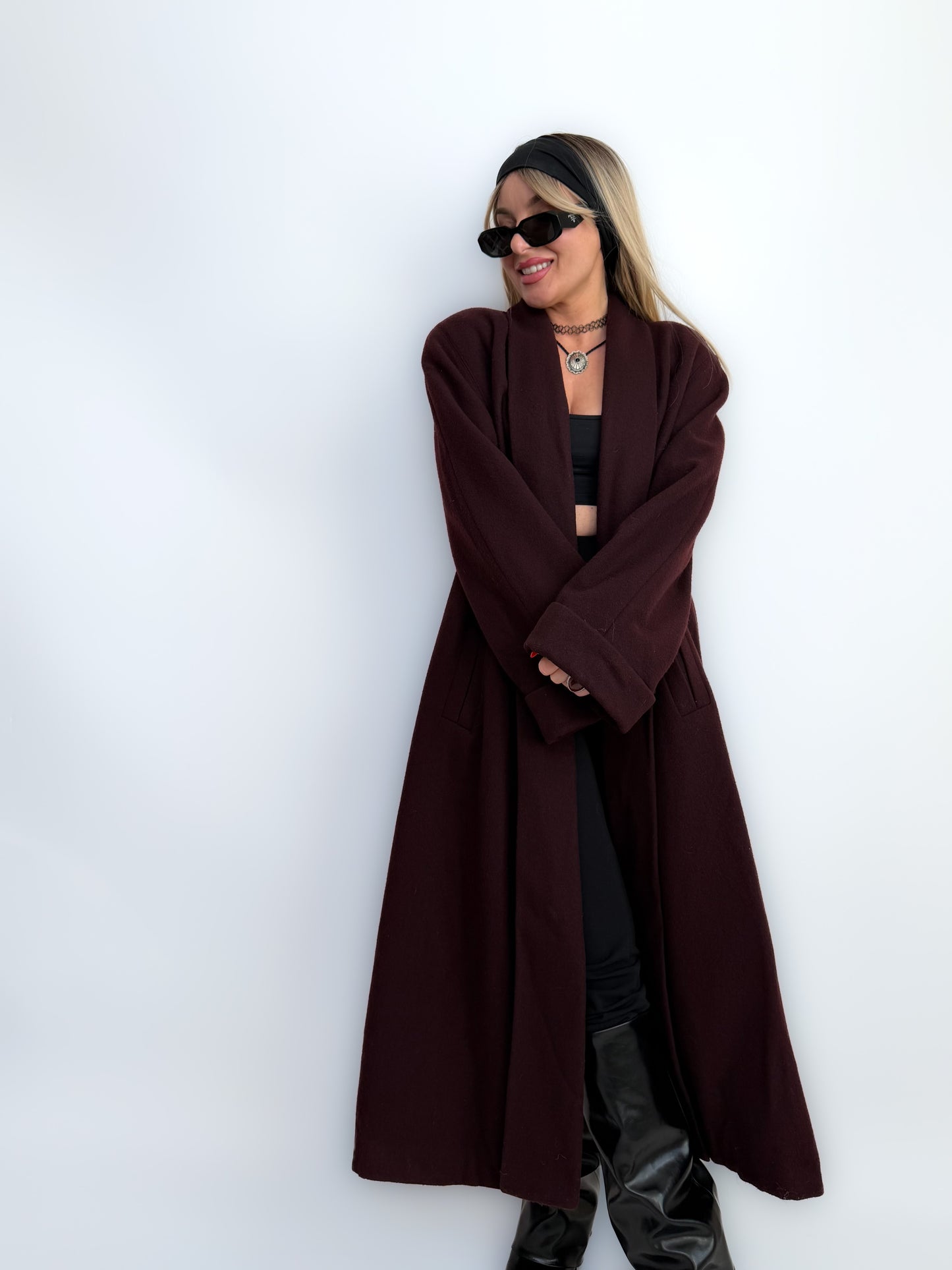 Vintage Long Wool Coat in Purple Plum Burgundy Size M