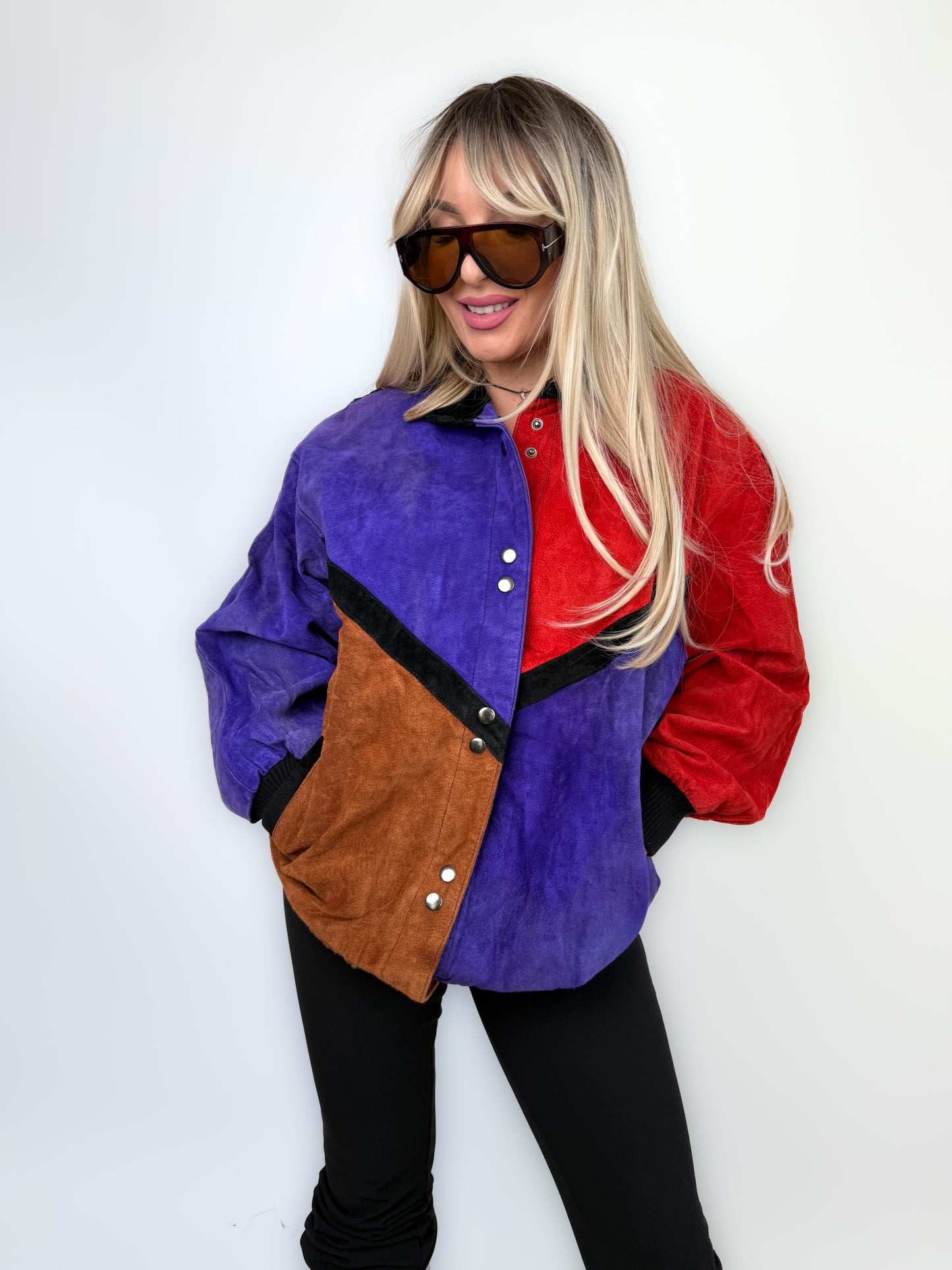Vintage Natural Suede Red Brown Purple Patchwork Style Bomber Jacket L