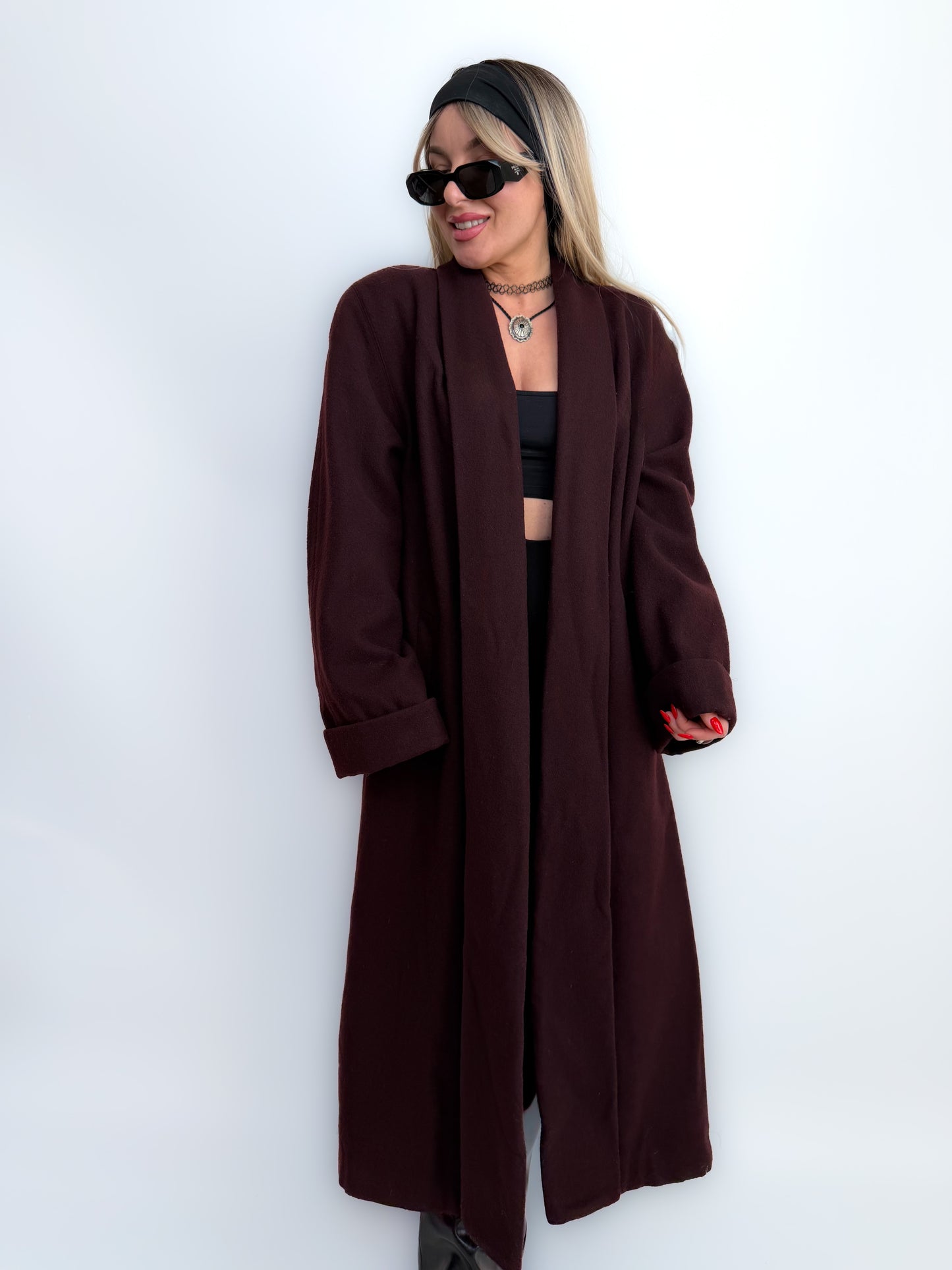 Vintage Long Wool Coat in Purple Plum Burgundy Size M