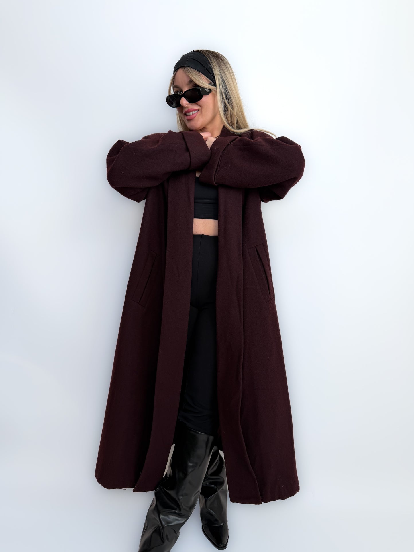 Vintage Long Wool Coat in Purple Plum Burgundy Size M