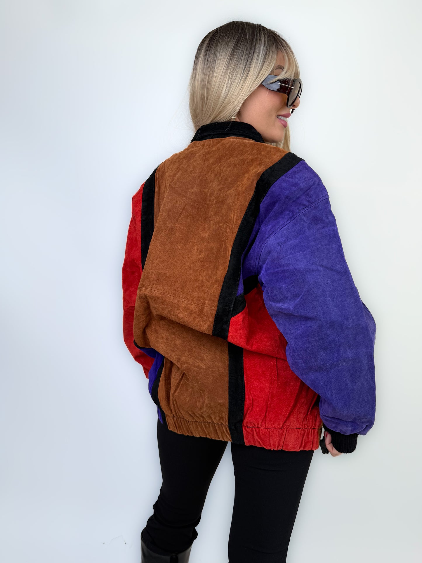 Vintage Natural Suede Red Brown Purple Patchwork Style Bomber Jacket L