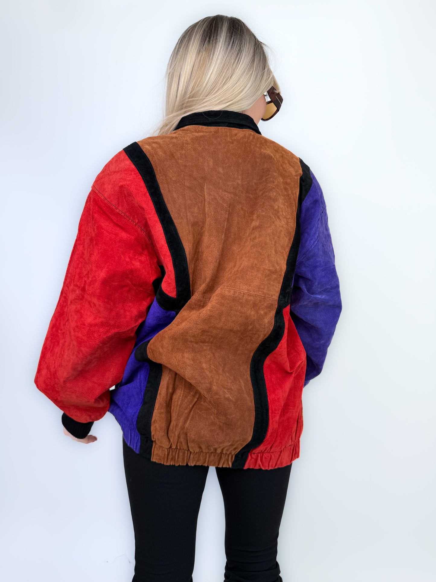 Vintage Natural Suede Red Brown Purple Patchwork Style Bomber Jacket L