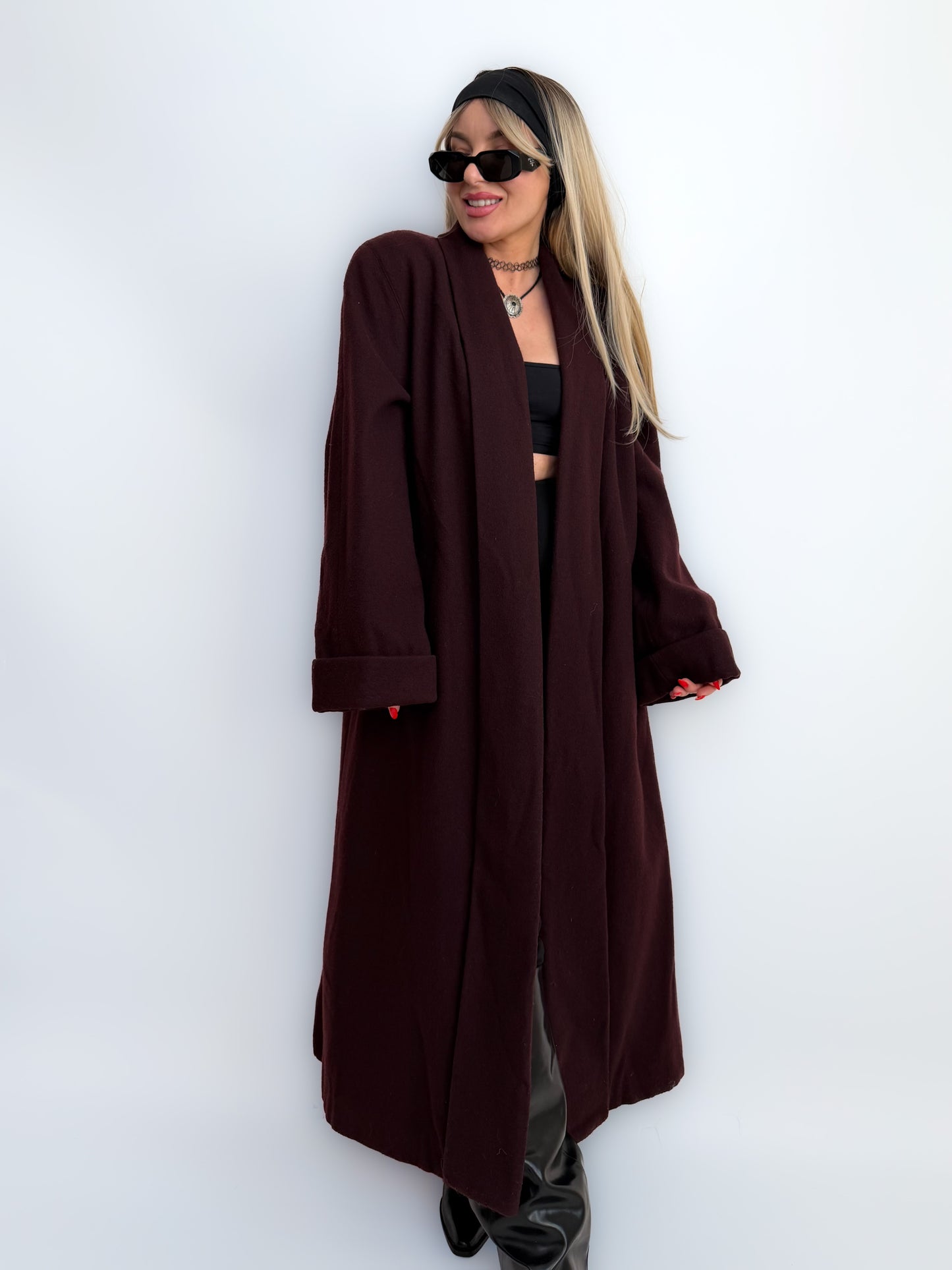 Vintage Long Wool Coat in Purple Plum Burgundy Size M
