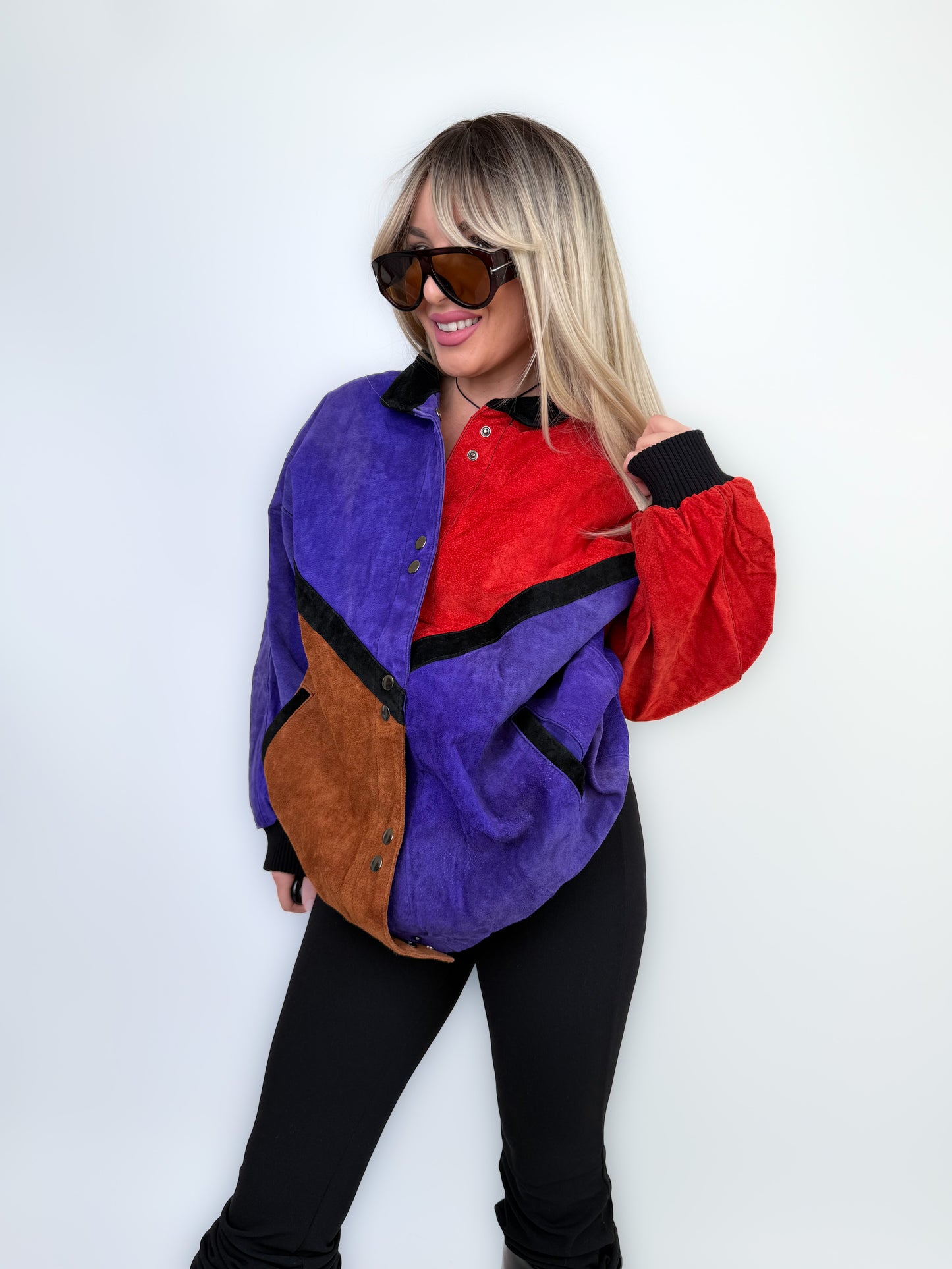 Vintage Natural Suede Red Brown Purple Patchwork Style Bomber Jacket L