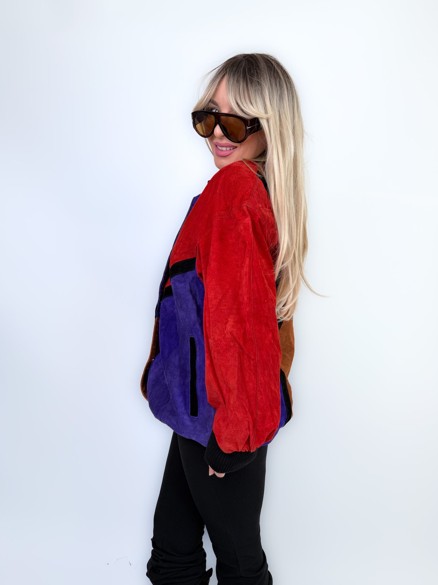 Vintage Natural Suede Red Brown Purple Patchwork Style Bomber Jacket L