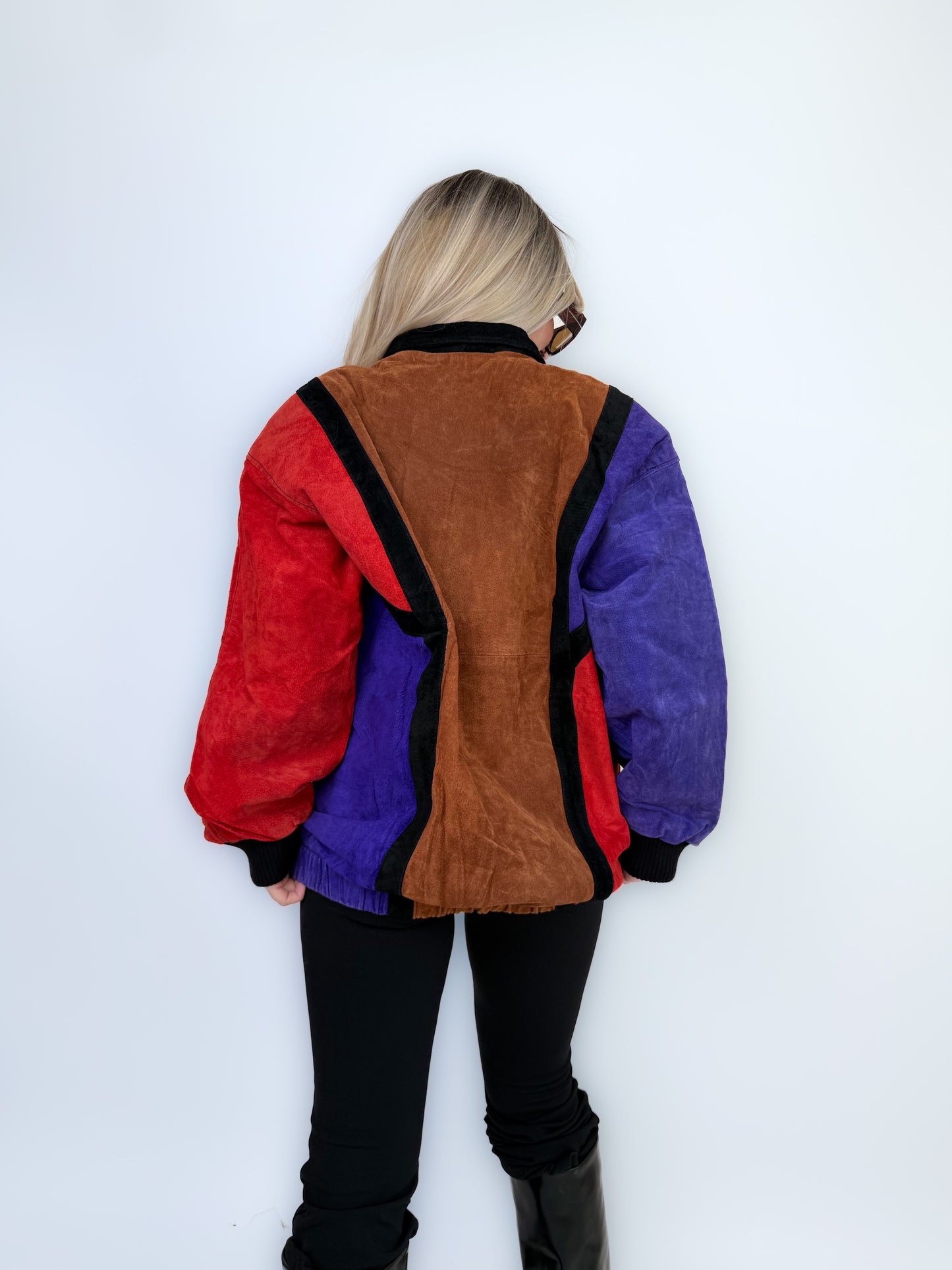 Vintage Natural Suede Red Brown Purple Patchwork Style Bomber Jacket L