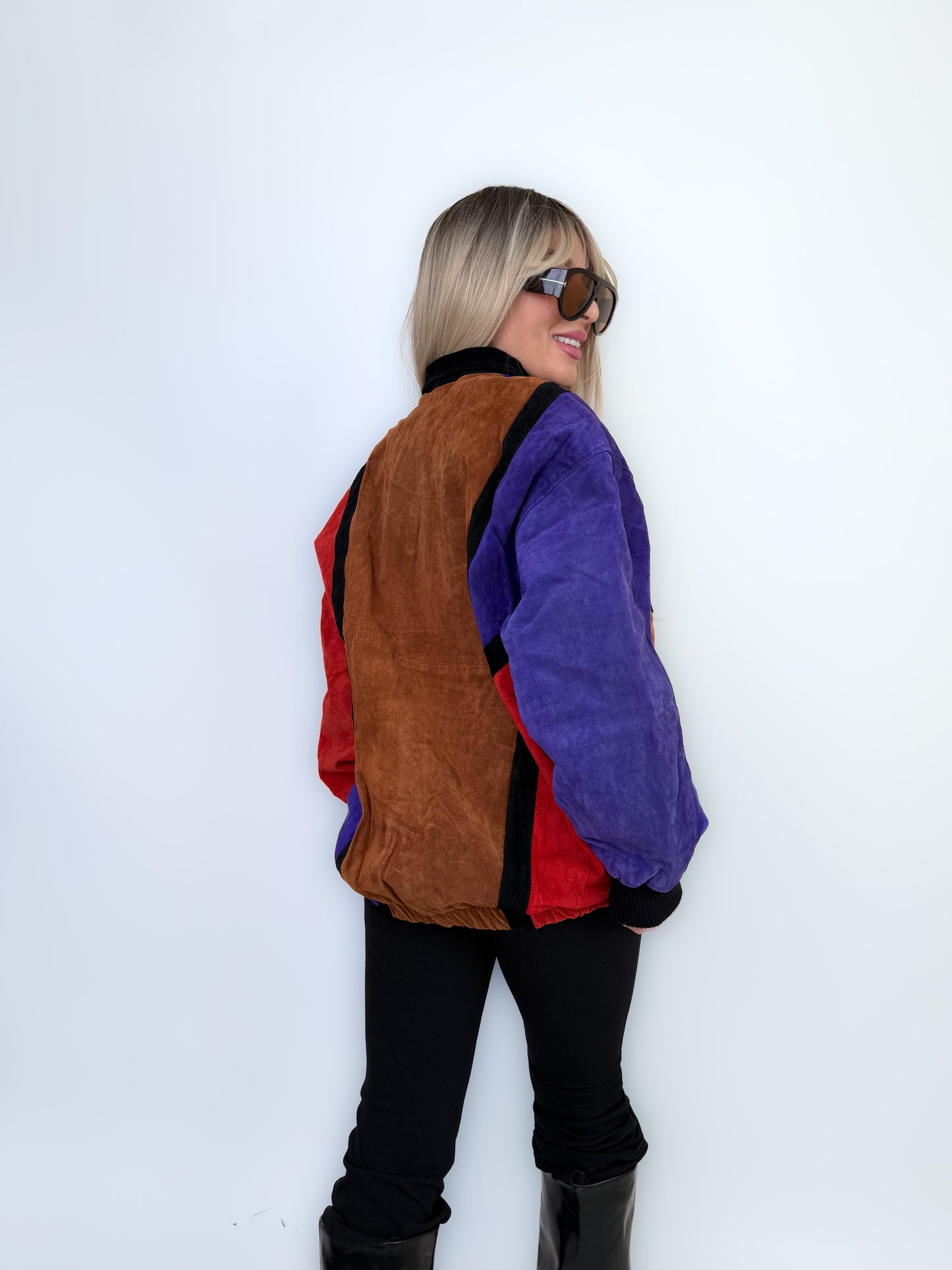 Vintage Natural Suede Red Brown Purple Patchwork Style Bomber Jacket L