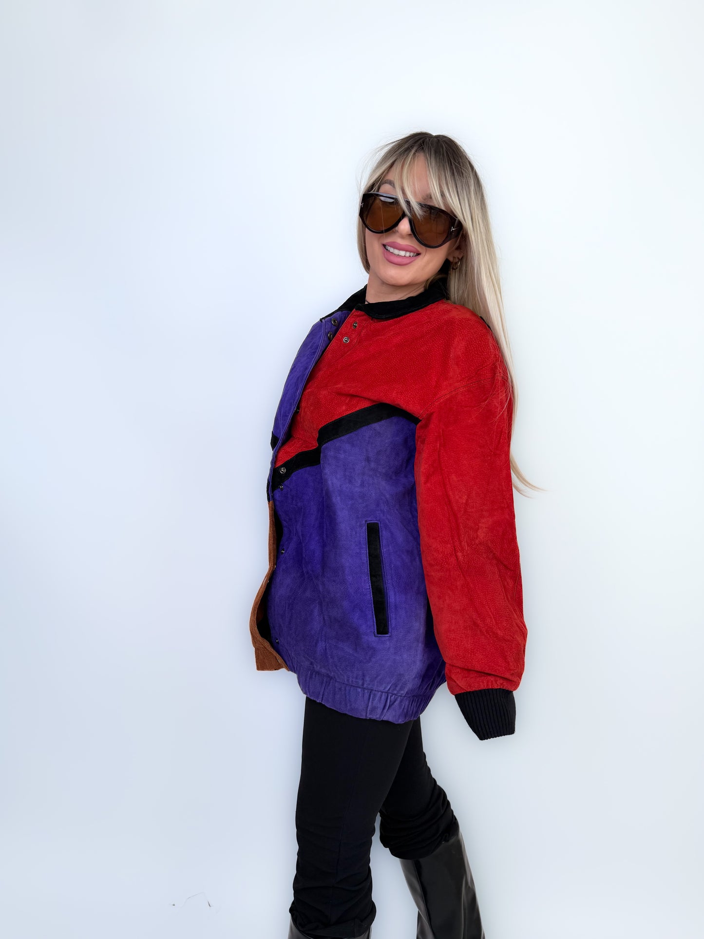 Vintage Natural Suede Red Brown Purple Patchwork Style Bomber Jacket L