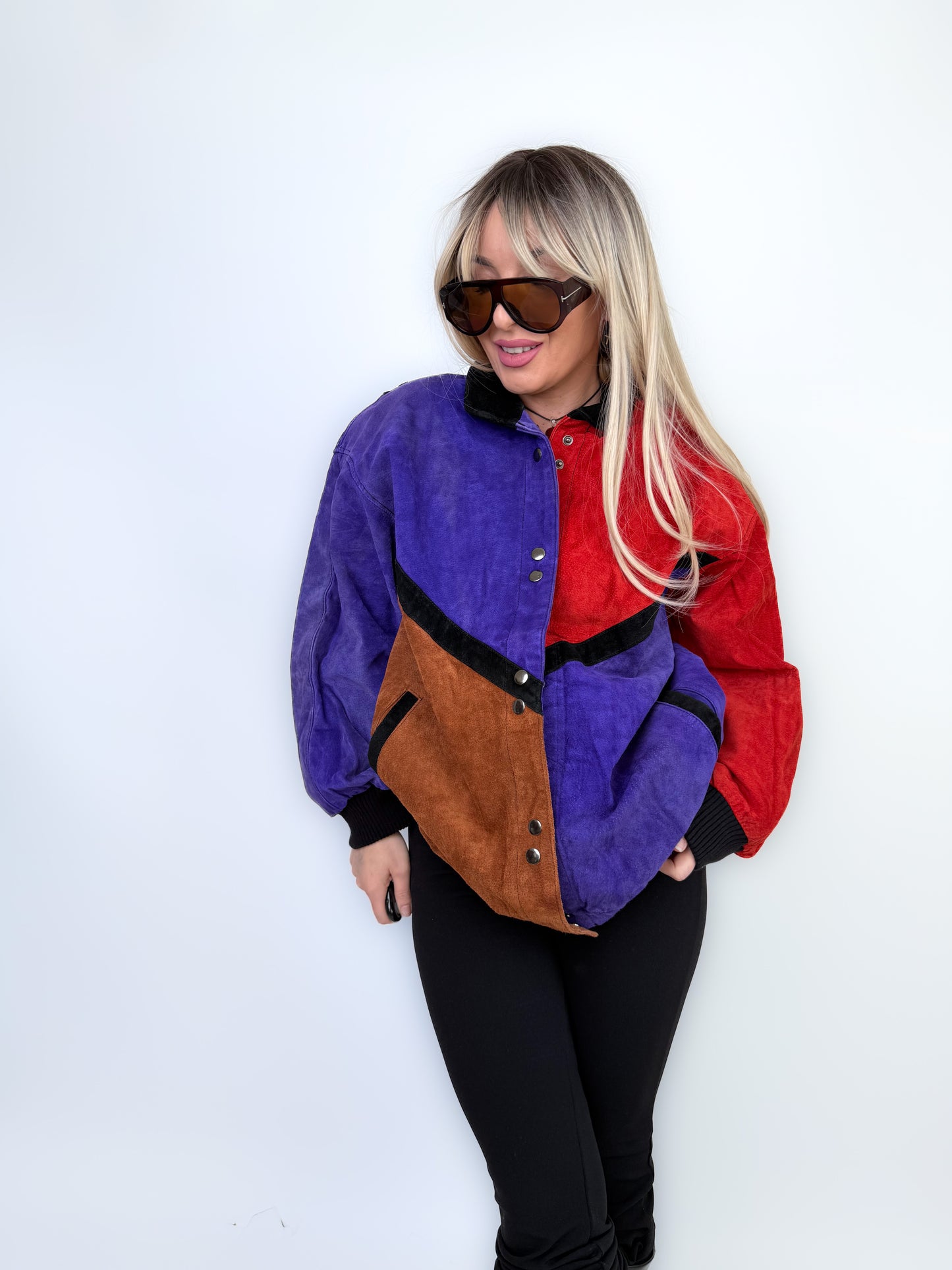 Vintage Natural Suede Red Brown Purple Patchwork Style Bomber Jacket L