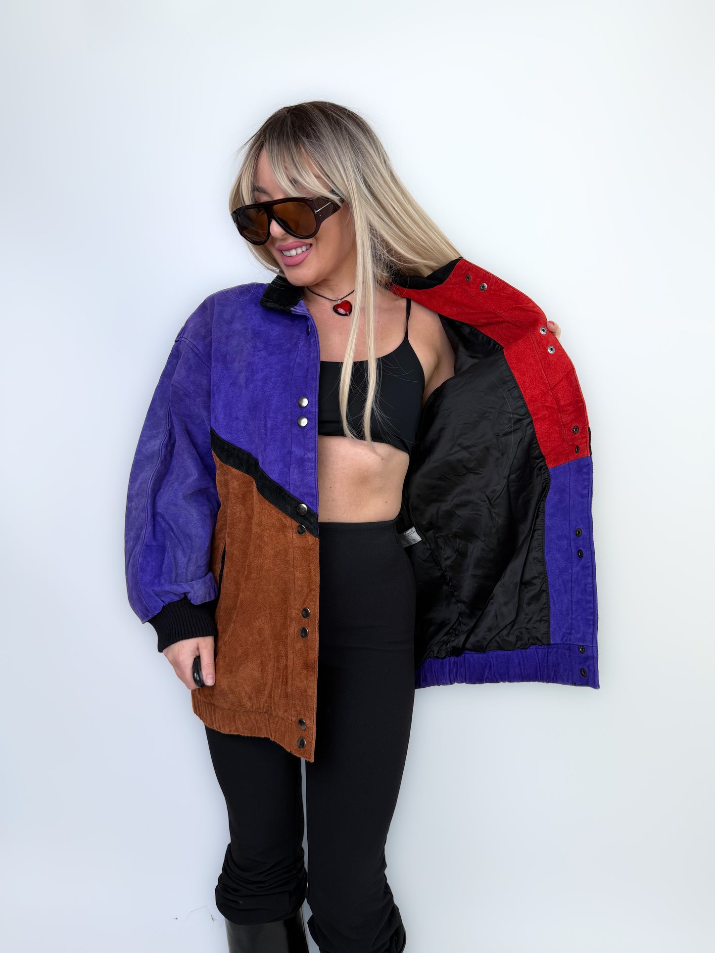 Vintage Natural Suede Red Brown Purple Patchwork Style Bomber Jacket L