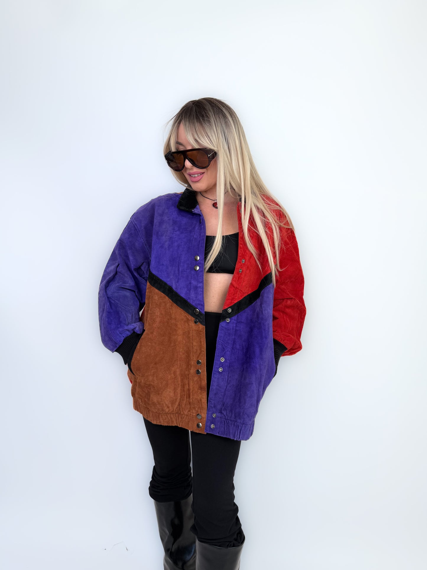 Vintage Natural Suede Red Brown Purple Patchwork Style Bomber Jacket L