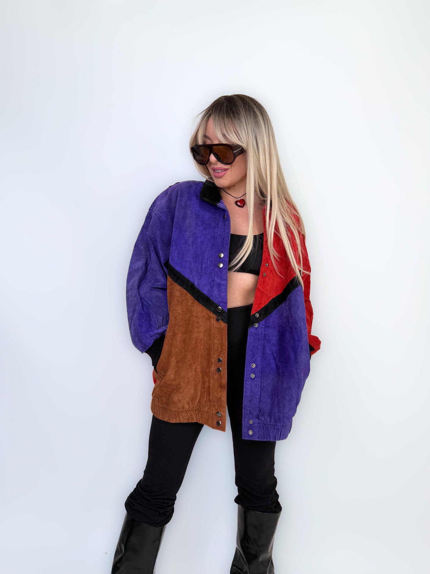 Vintage Natural Suede Red Brown Purple Patchwork Style Bomber Jacket L