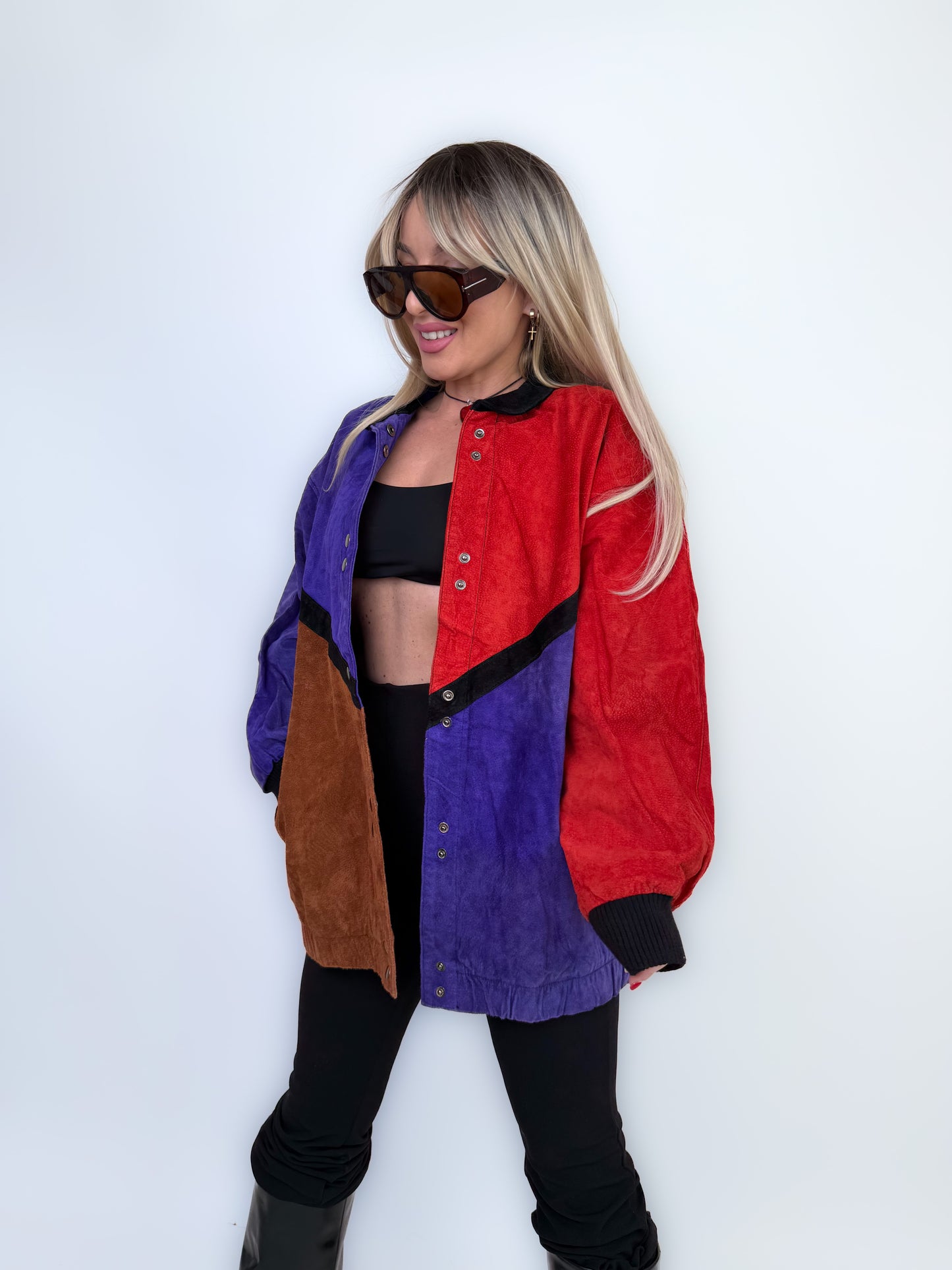 Vintage Natural Suede Red Brown Purple Patchwork Style Bomber Jacket L