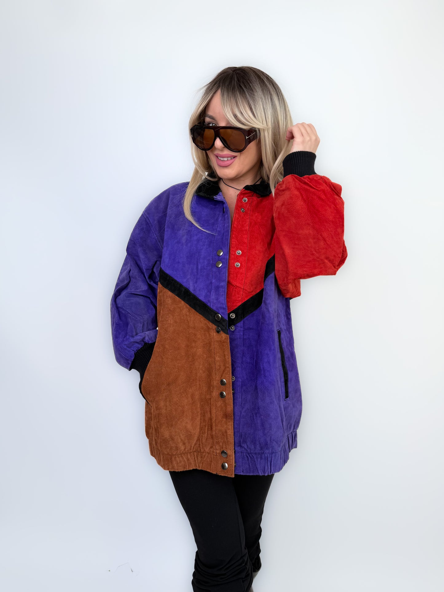 Vintage Natural Suede Red Brown Purple Patchwork Style Bomber Jacket L