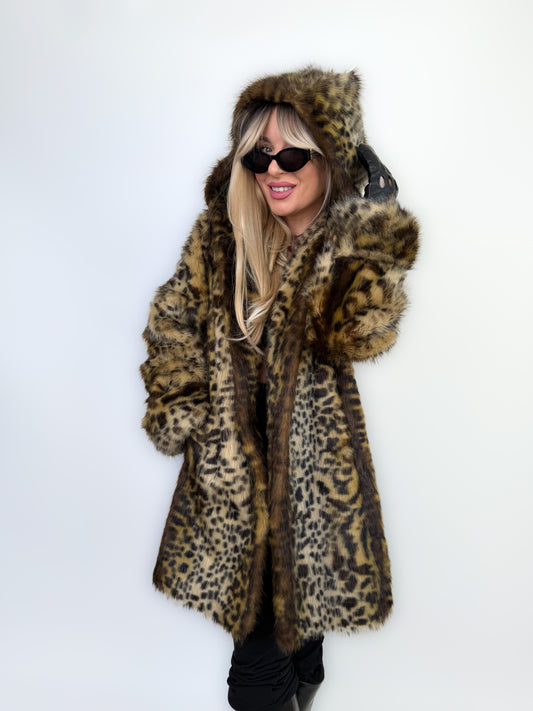 Vintage Faux Fur Coat Animal Print Hooded Winter Jacket S