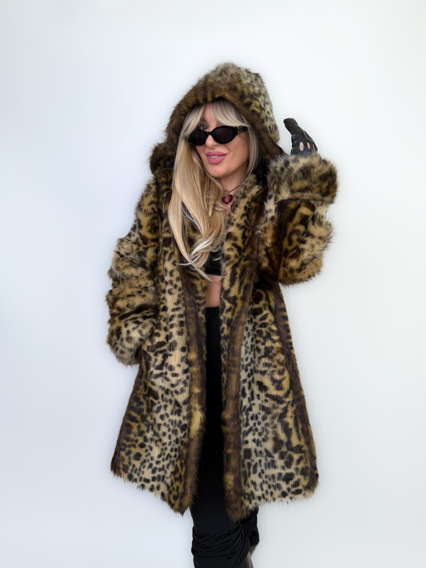 Vintage Faux Fur Coat Animal Print Hooded Winter Jacket S