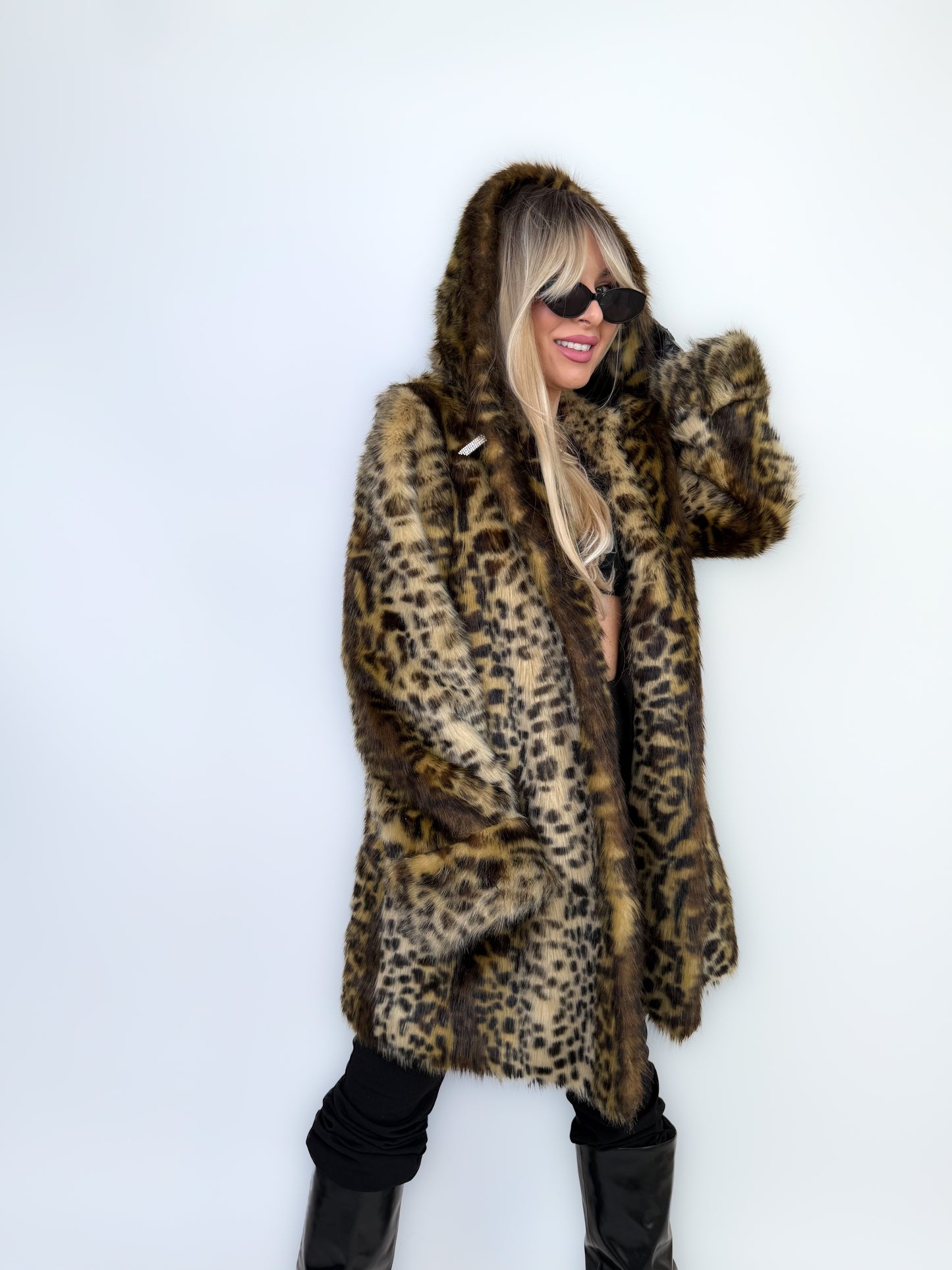 Vintage Faux Fur Coat Animal Print Hooded Winter Jacket S