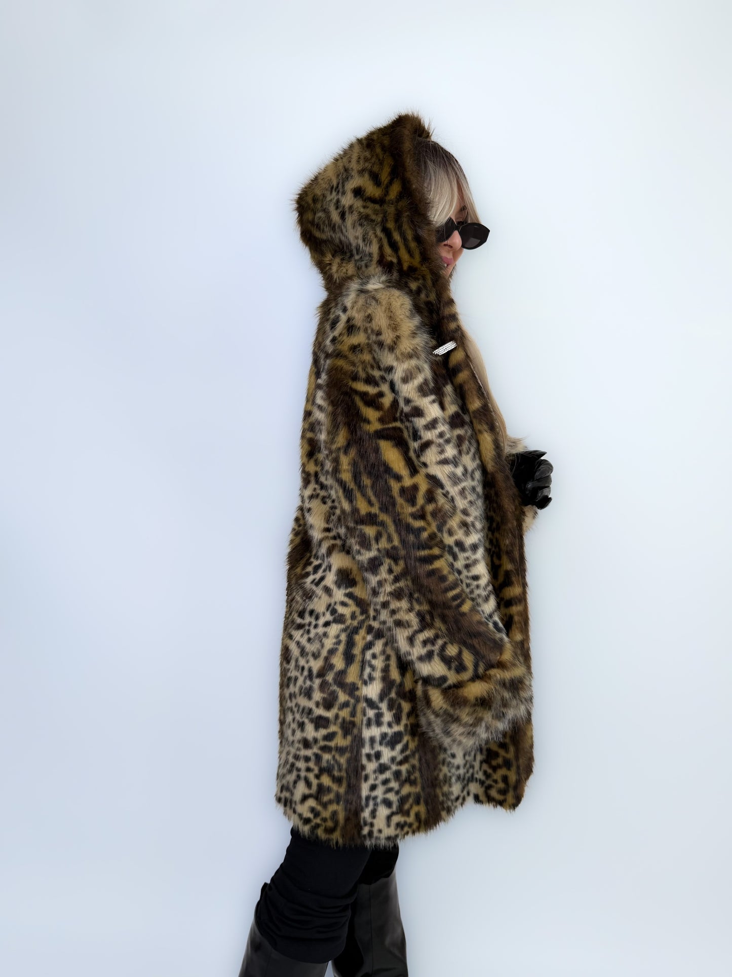 Vintage Faux Fur Coat Animal Print Hooded Winter Jacket S
