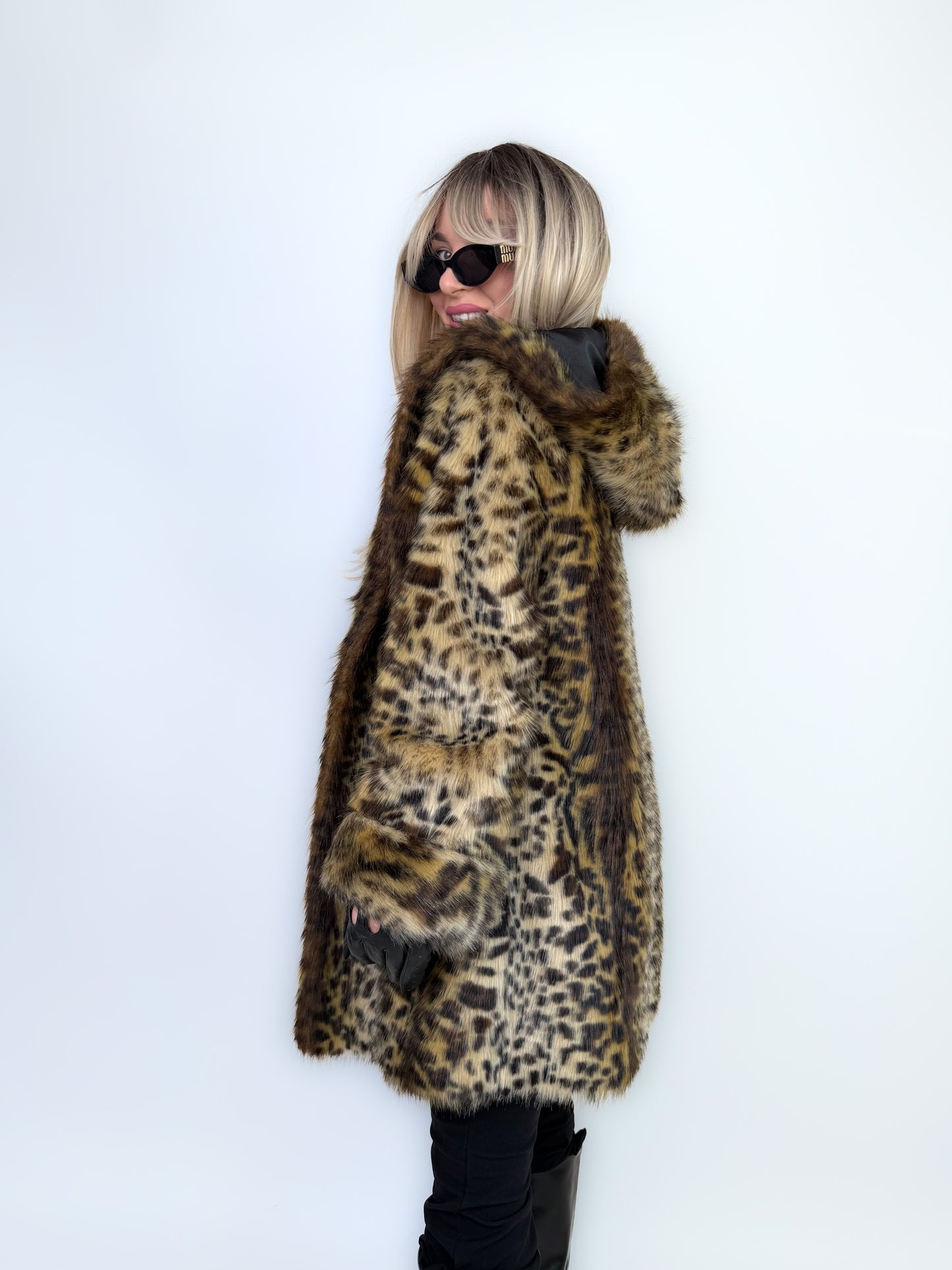 Vintage Faux Fur Coat Animal Print Hooded Winter Jacket S
