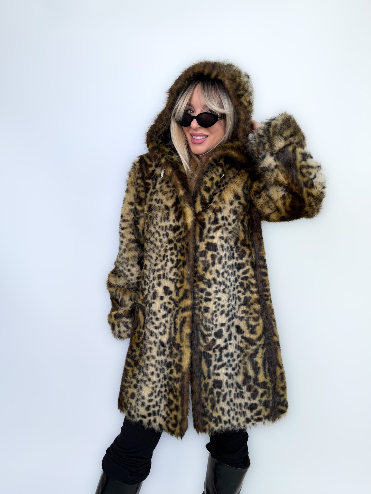 Vintage Faux Fur Coat Animal Print Hooded Winter Jacket S