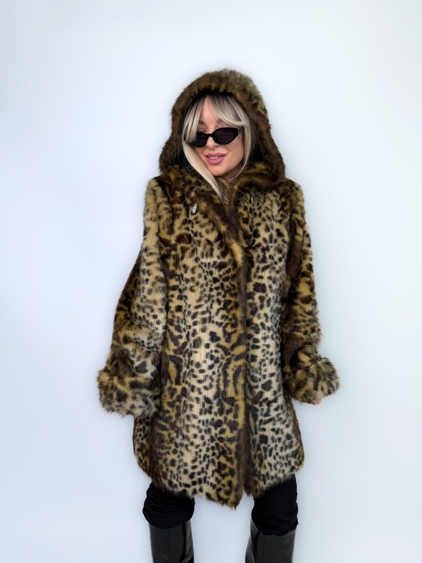 Vintage Faux Fur Coat Animal Print Hooded Winter Jacket S
