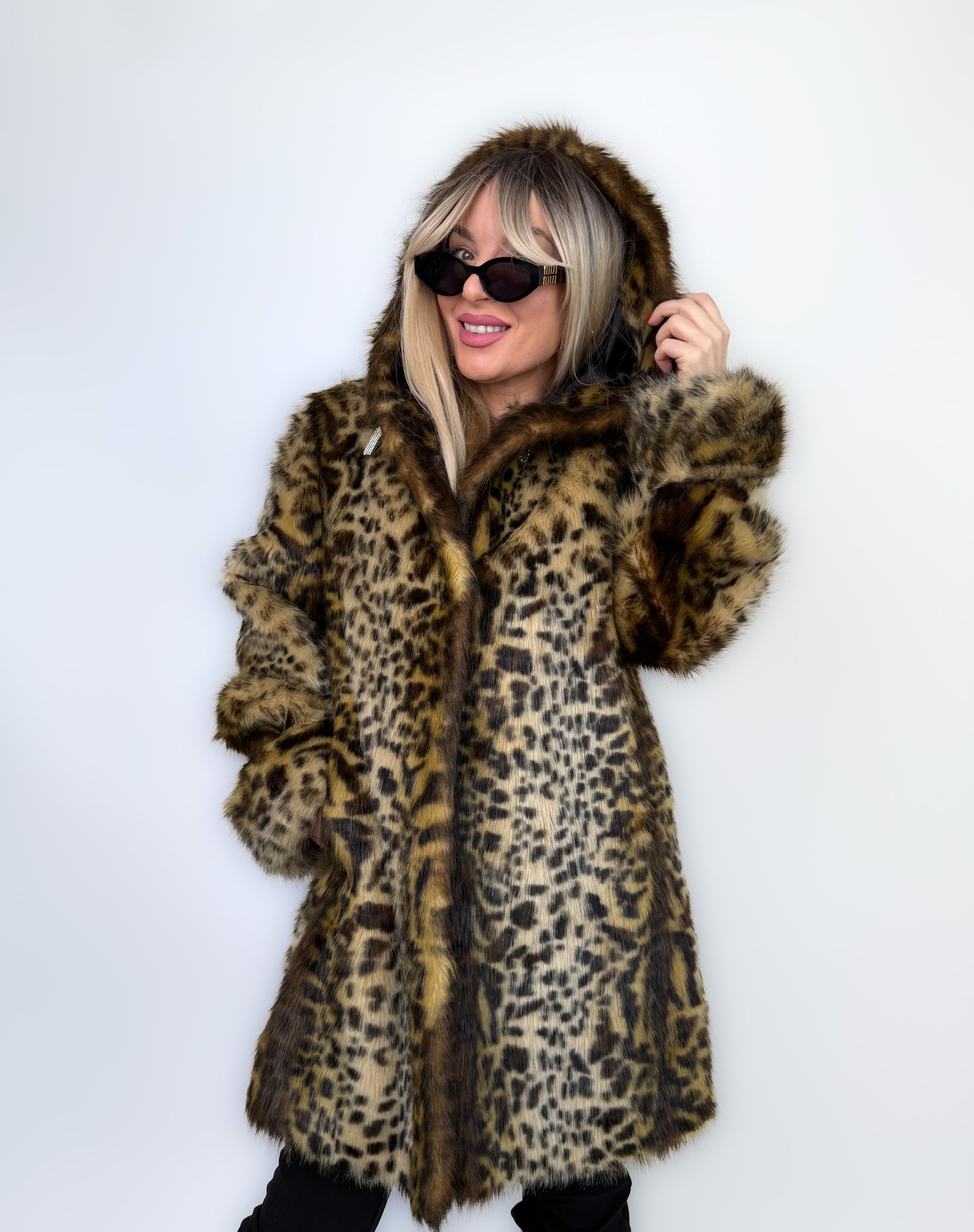 Vintage Faux Fur Coat Animal Print Hooded Winter Jacket S