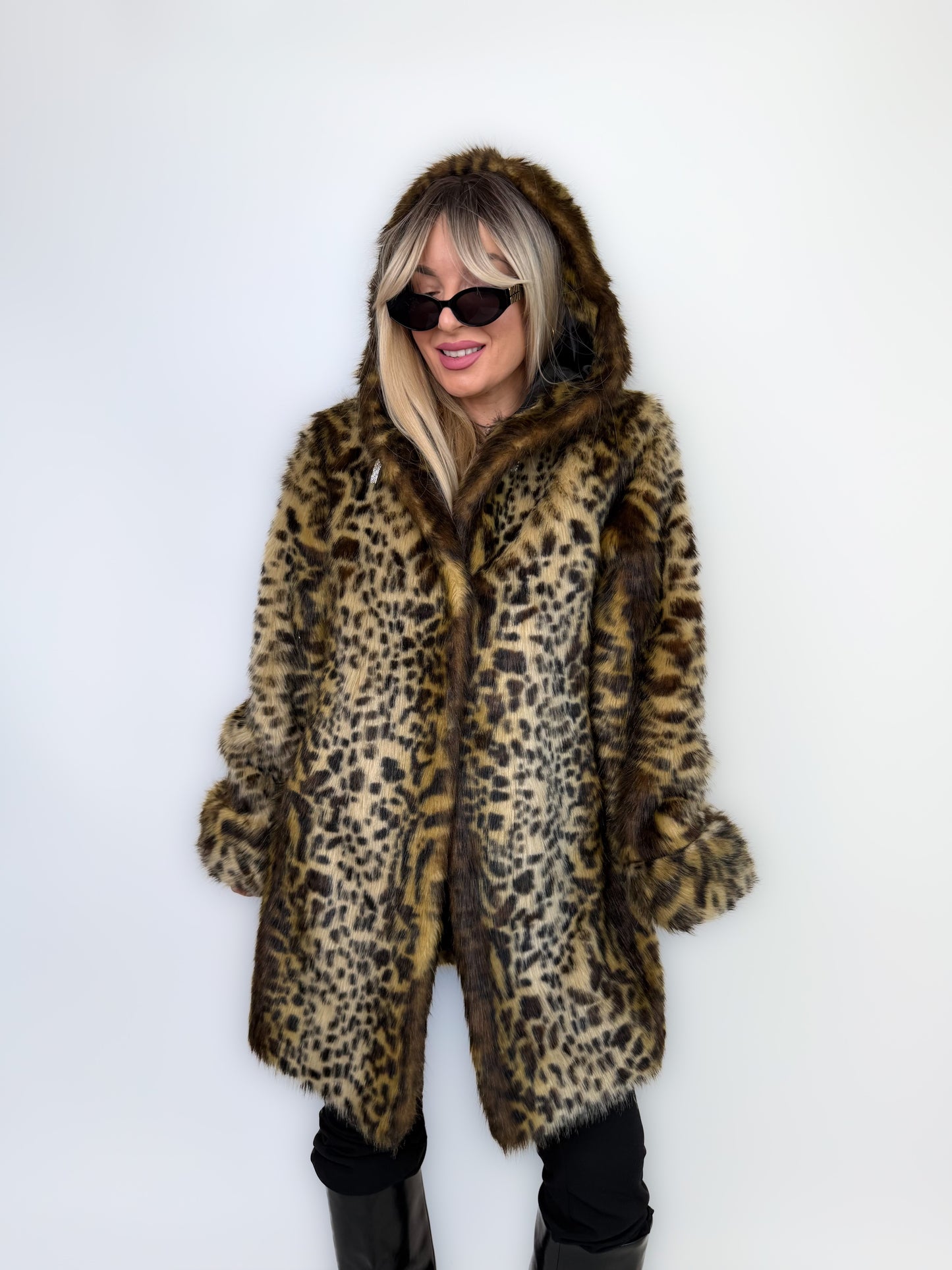 Vintage Faux Fur Coat Animal Print Hooded Winter Jacket S