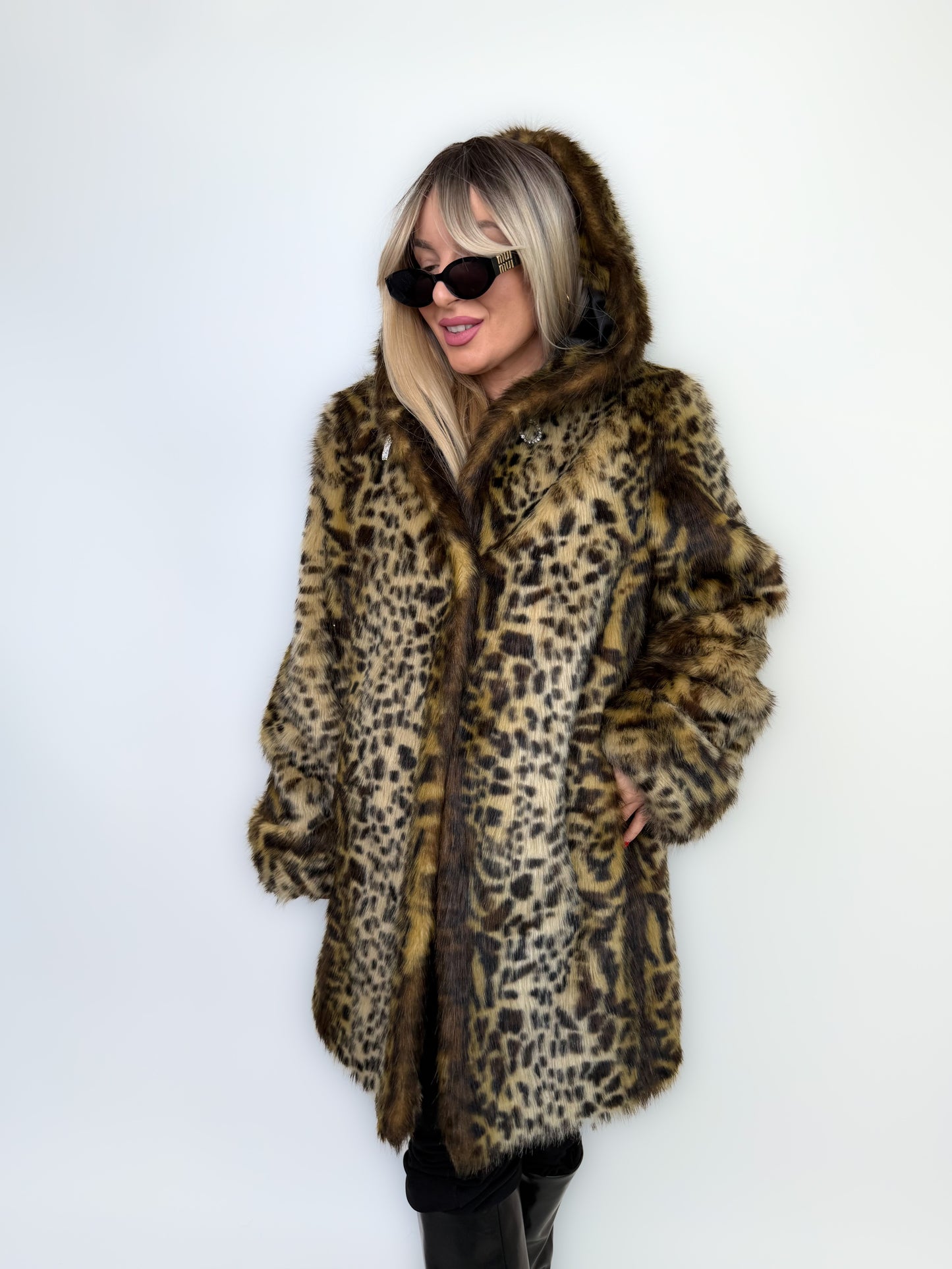 Vintage Faux Fur Coat Animal Print Hooded Winter Jacket S