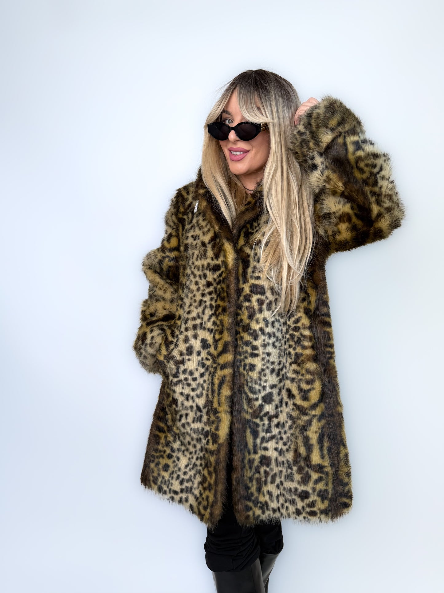 Vintage Faux Fur Coat Animal Print Hooded Winter Jacket S