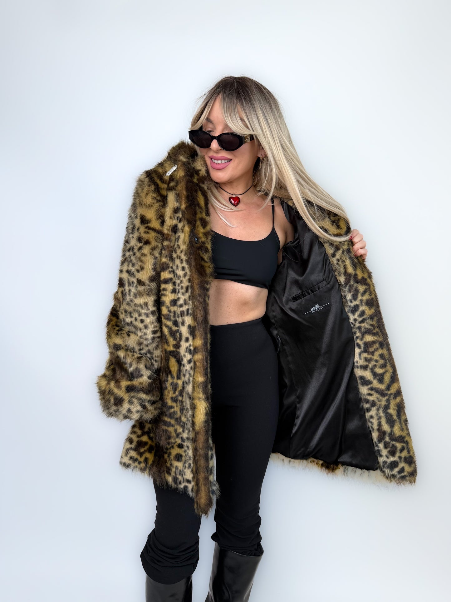 Vintage Faux Fur Coat Animal Print Hooded Winter Jacket S