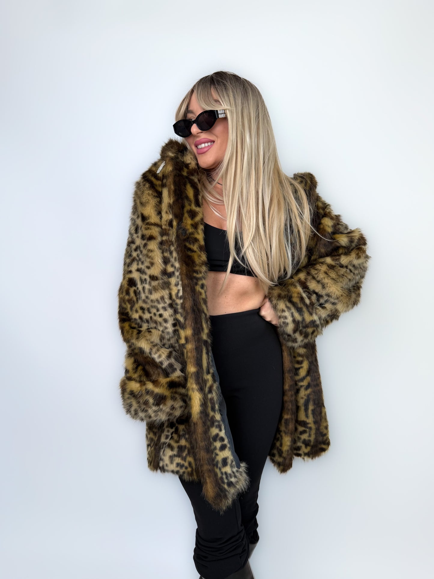 Vintage Faux Fur Coat Animal Print Hooded Winter Jacket S