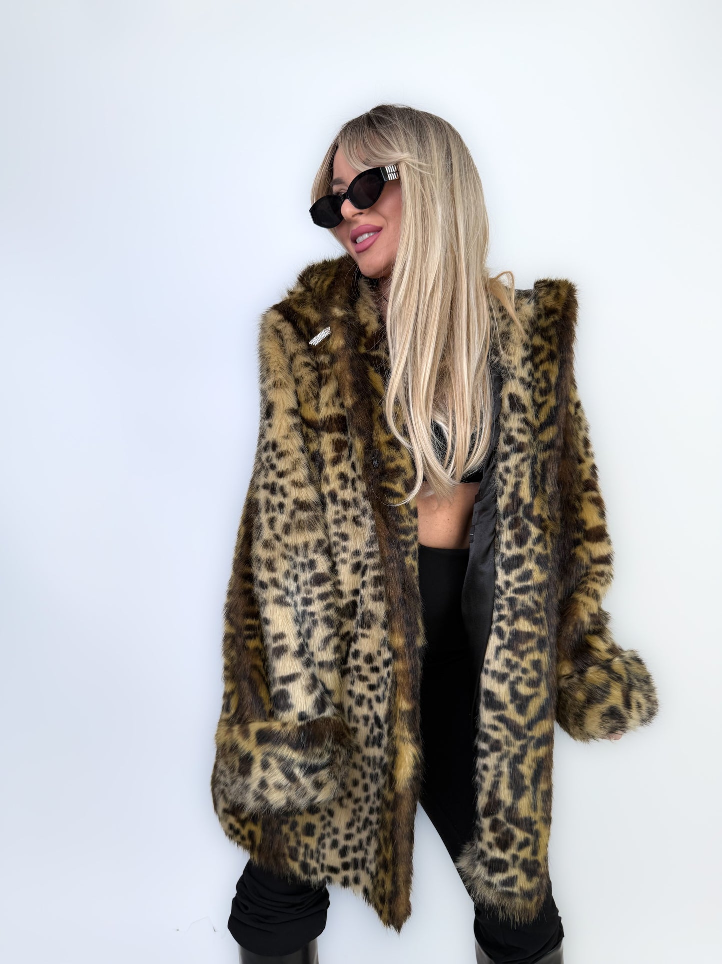 Vintage Faux Fur Coat Animal Print Hooded Winter Jacket S