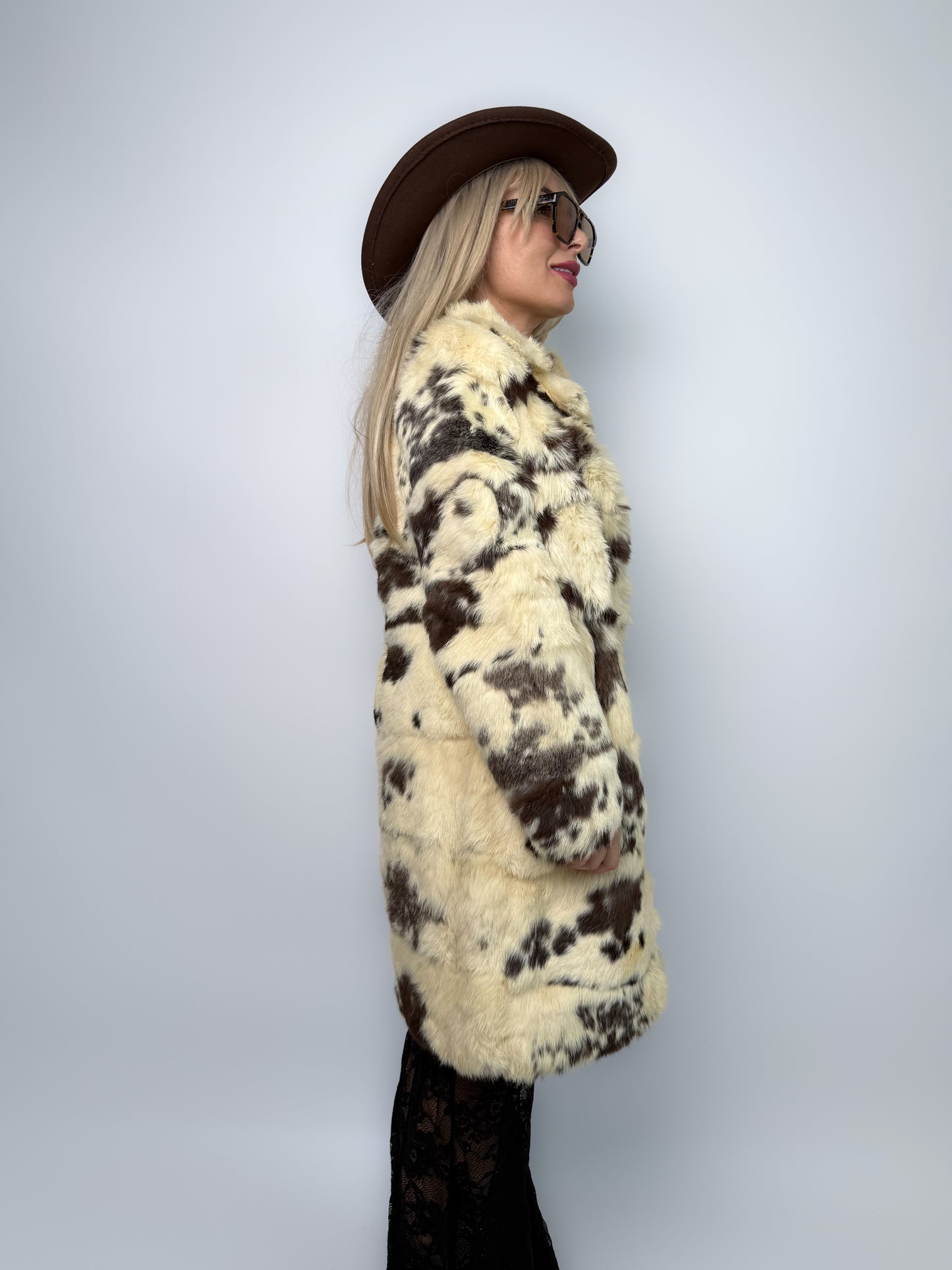 Vintage Natural Rabbit Fur Cow Print Coat with Collar & Pockets S