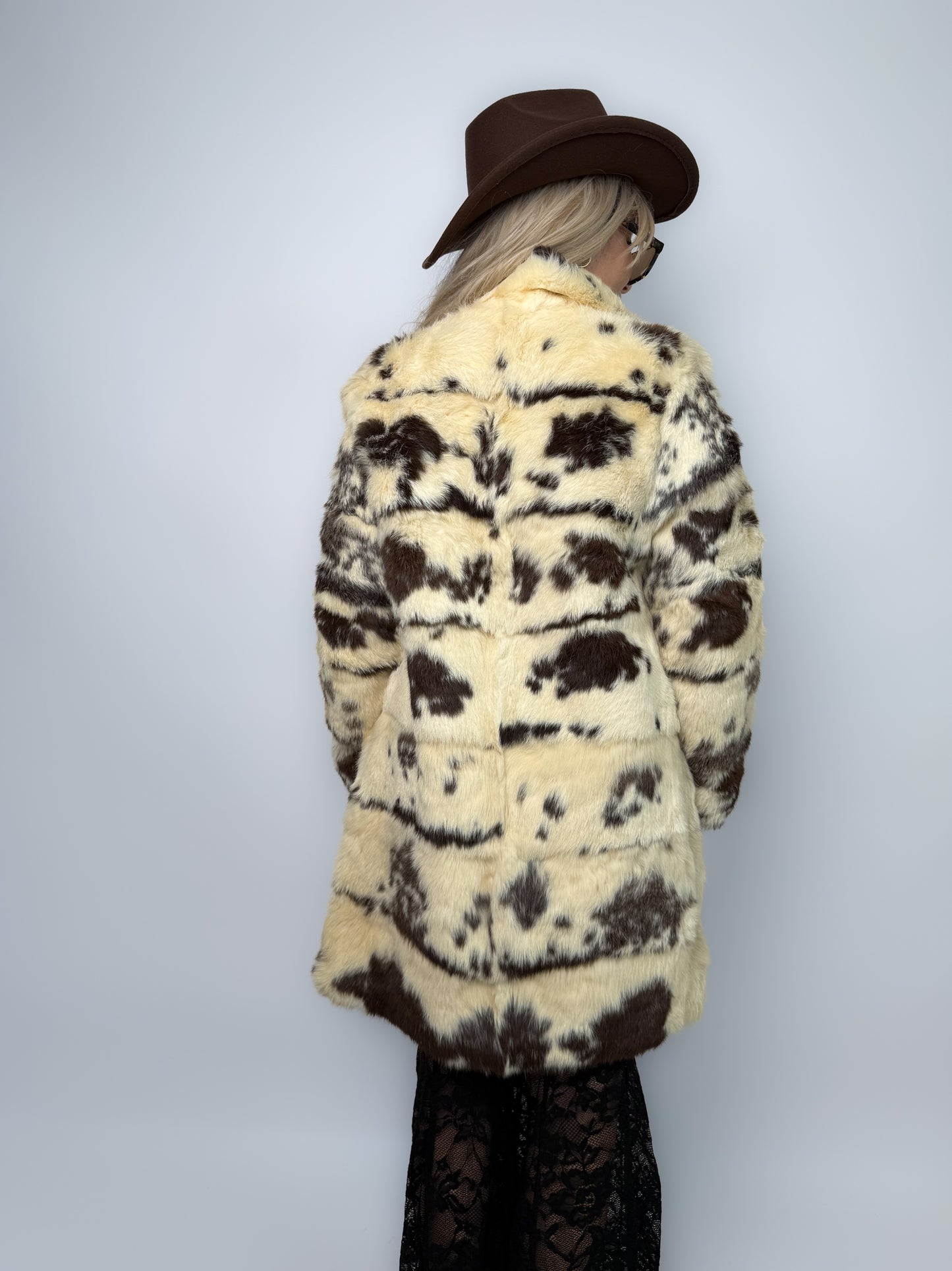 Vintage Natural Rabbit Fur Cow Print Coat with Collar & Pockets S