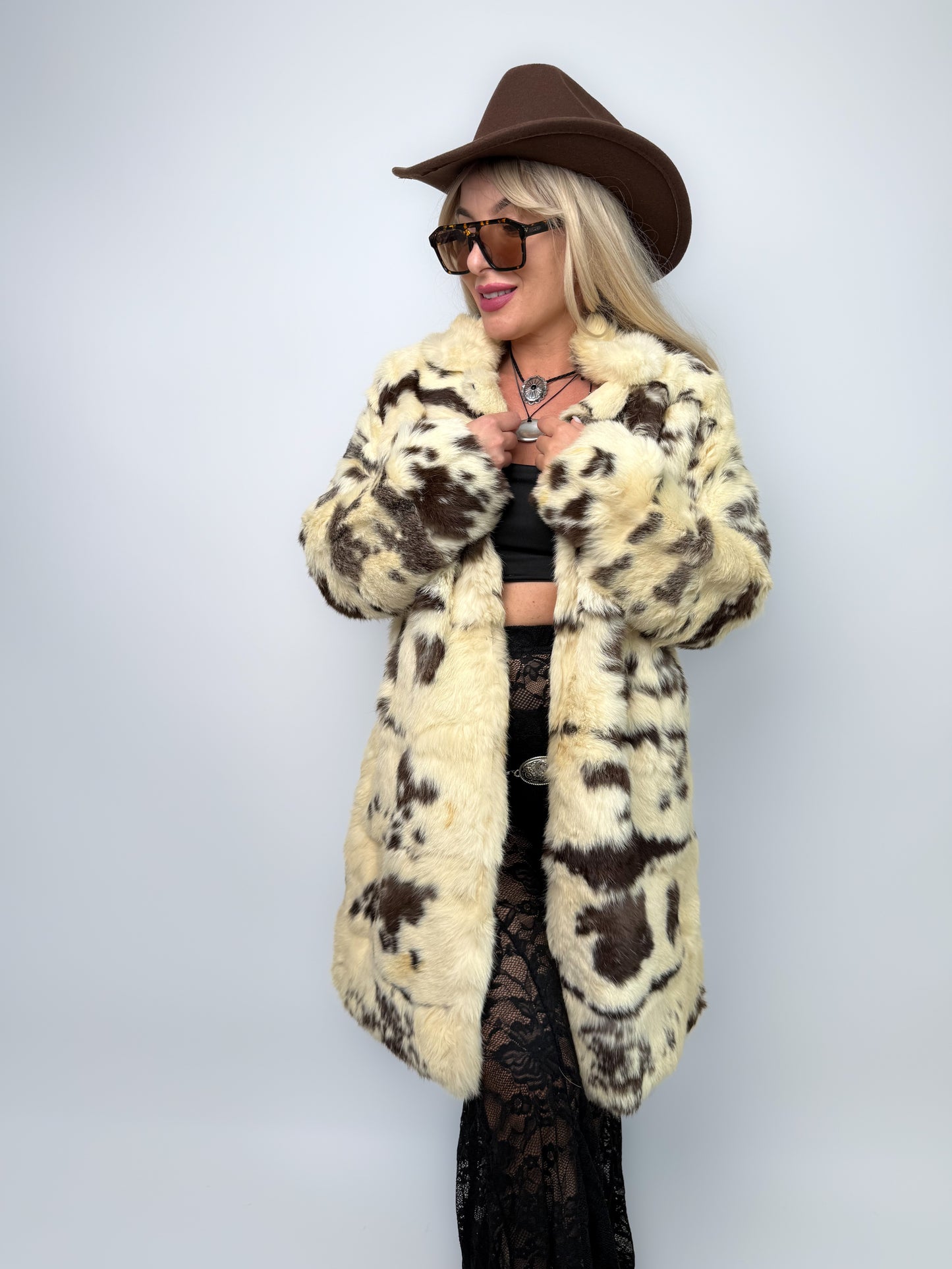 Vintage Natural Rabbit Fur Cow Print Coat with Collar & Pockets S