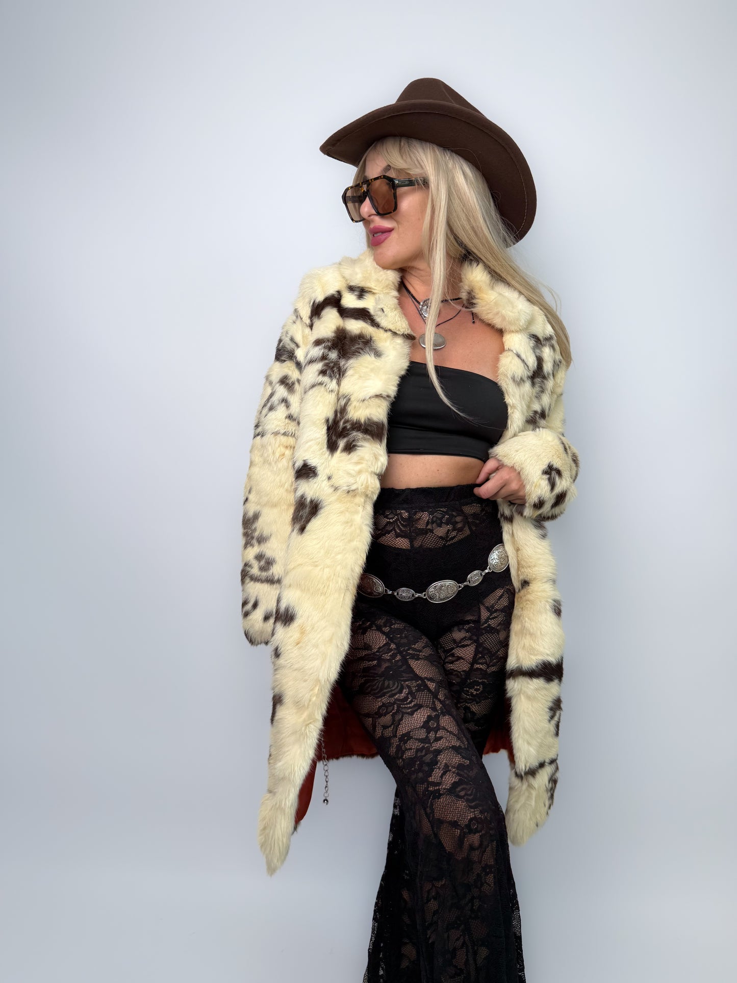 Vintage Natural Rabbit Fur Cow Print Coat with Collar & Pockets S