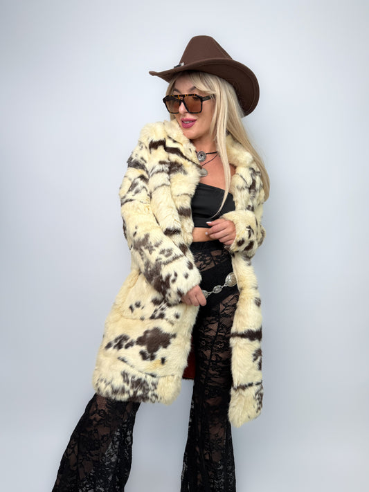 Vintage Natural Rabbit Fur Cow Print Coat with Collar & Pockets S