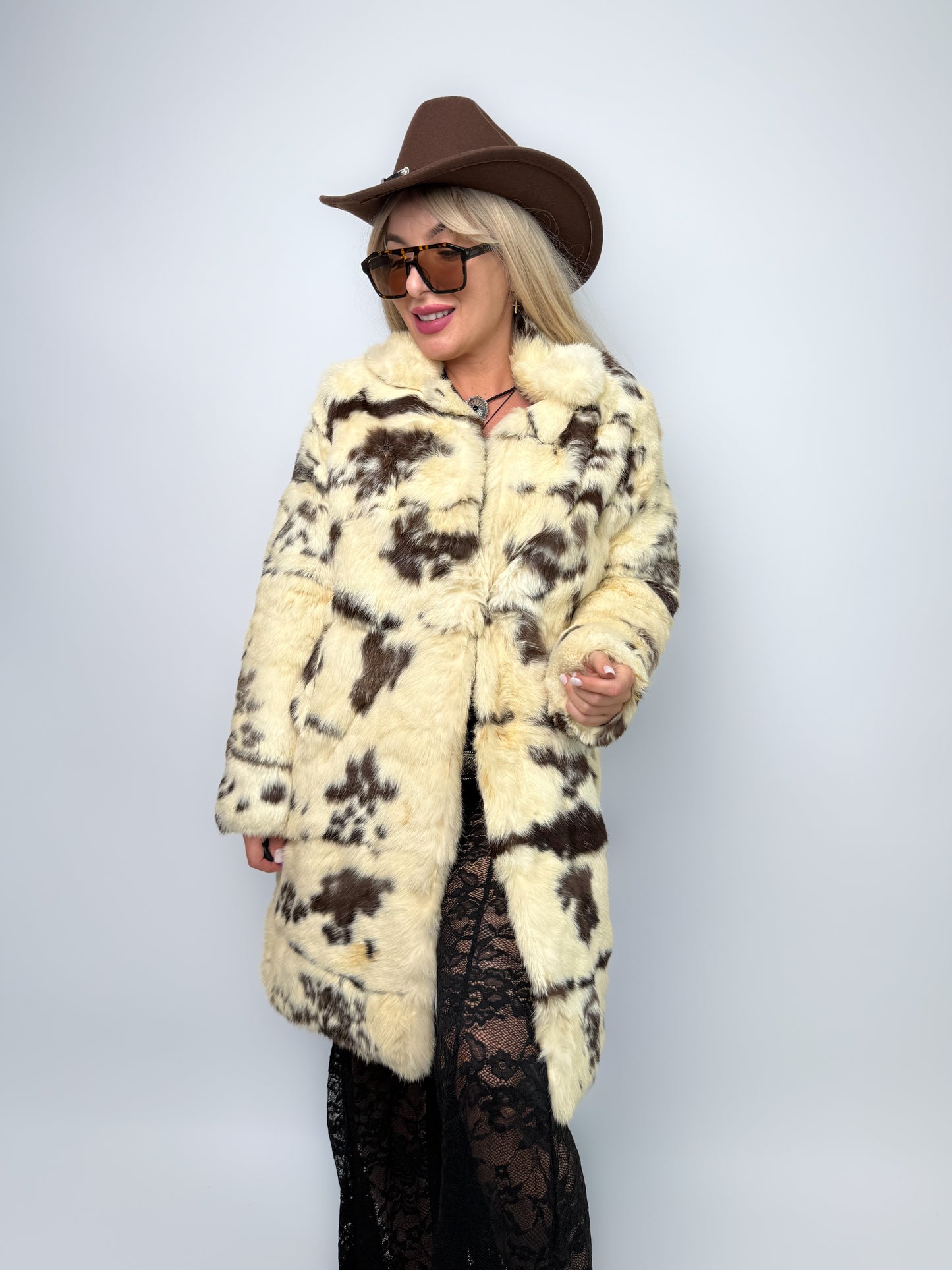 Vintage Natural Rabbit Fur Cow Print Coat with Collar & Pockets S