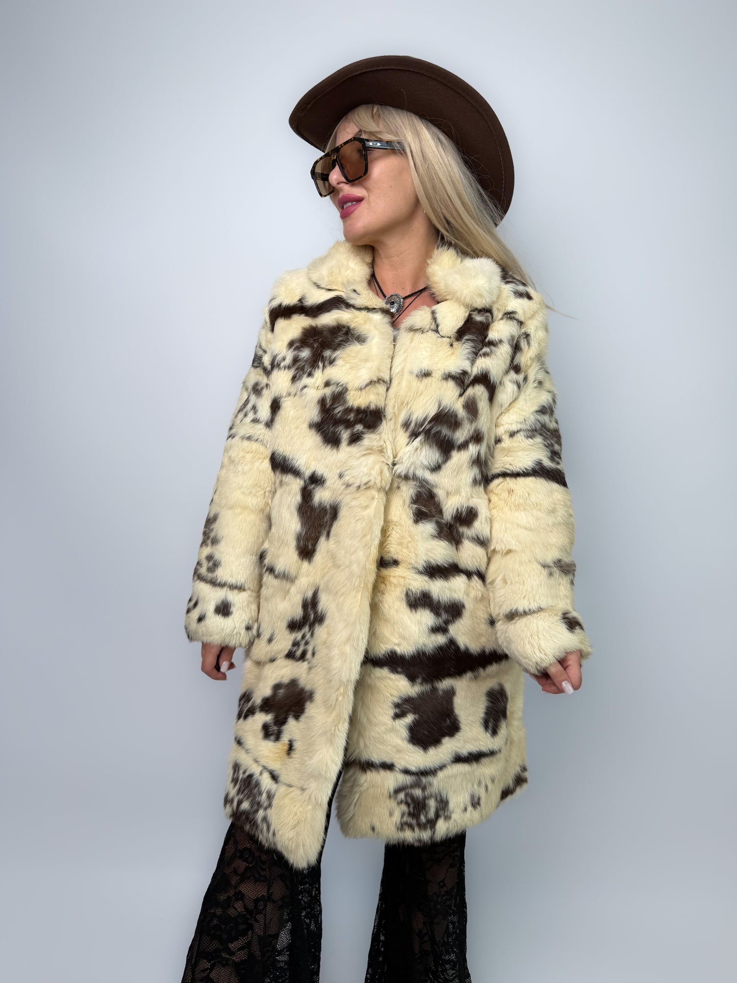 Vintage Natural Rabbit Fur Cow Print Coat with Collar & Pockets S