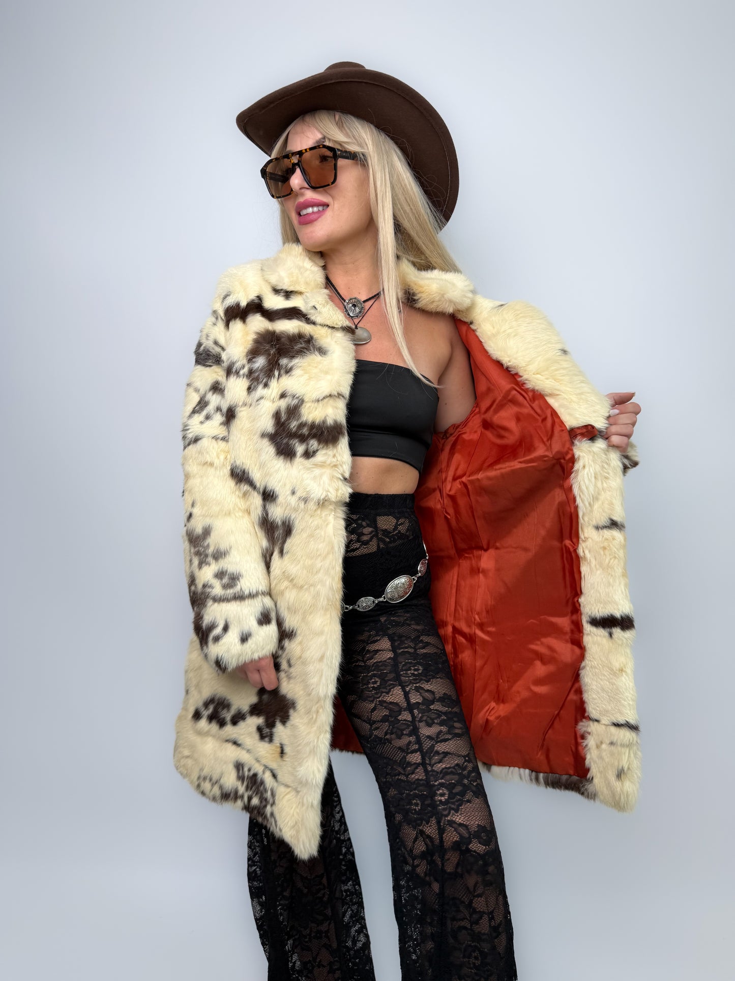 Vintage Natural Rabbit Fur Cow Print Coat with Collar & Pockets S