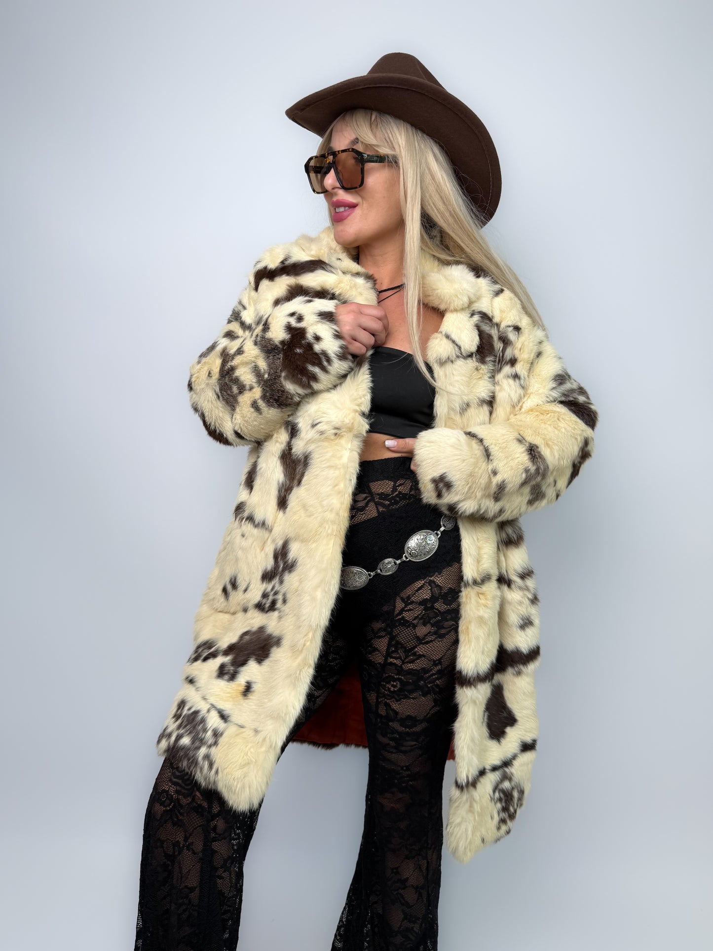 Vintage Natural Rabbit Fur Cow Print Coat with Collar & Pockets S