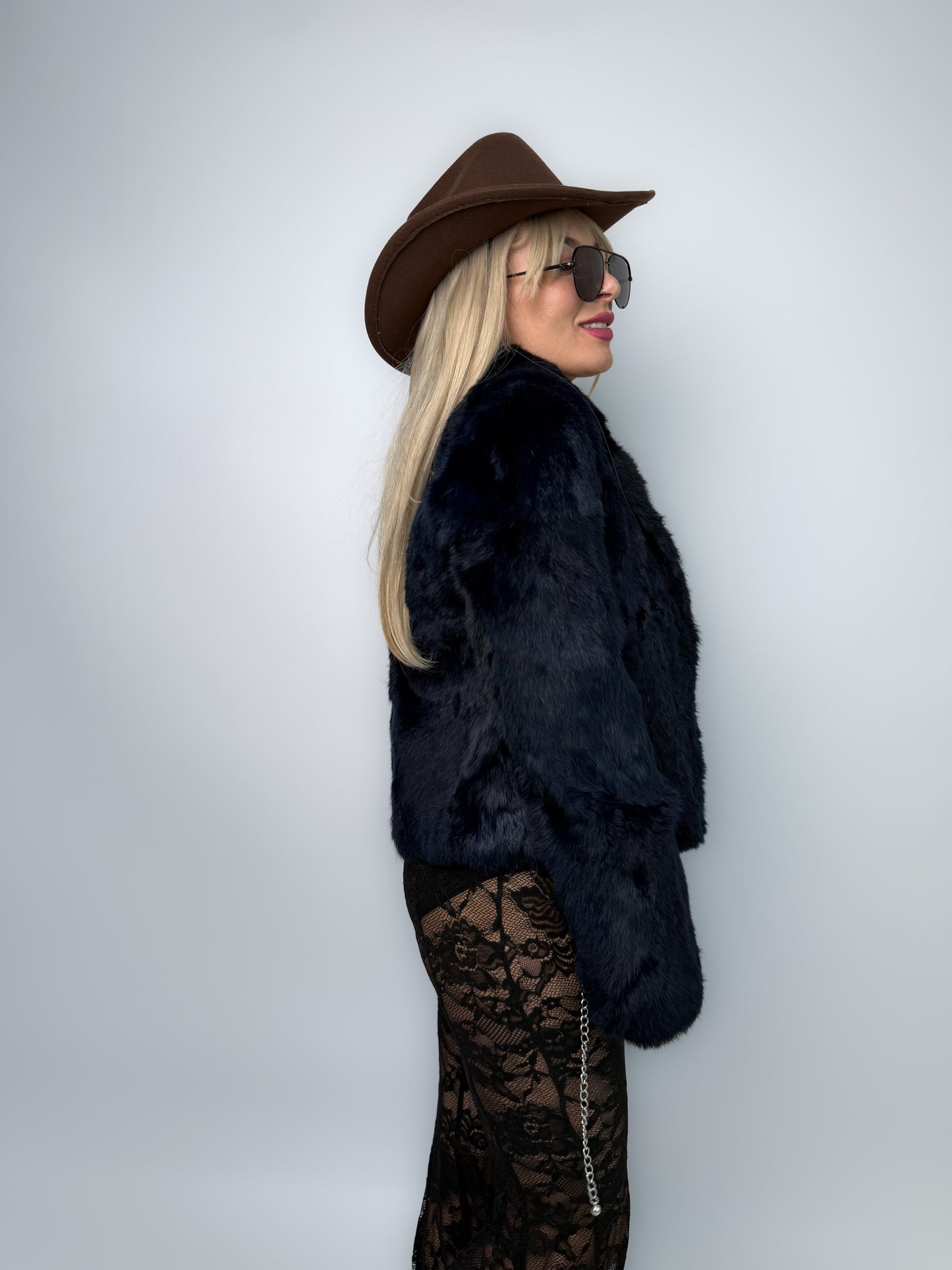 Vintage Y2K Navy Blue Rabbit Fur Jacket – Real Fur Cropped Winter Coat Size S-M